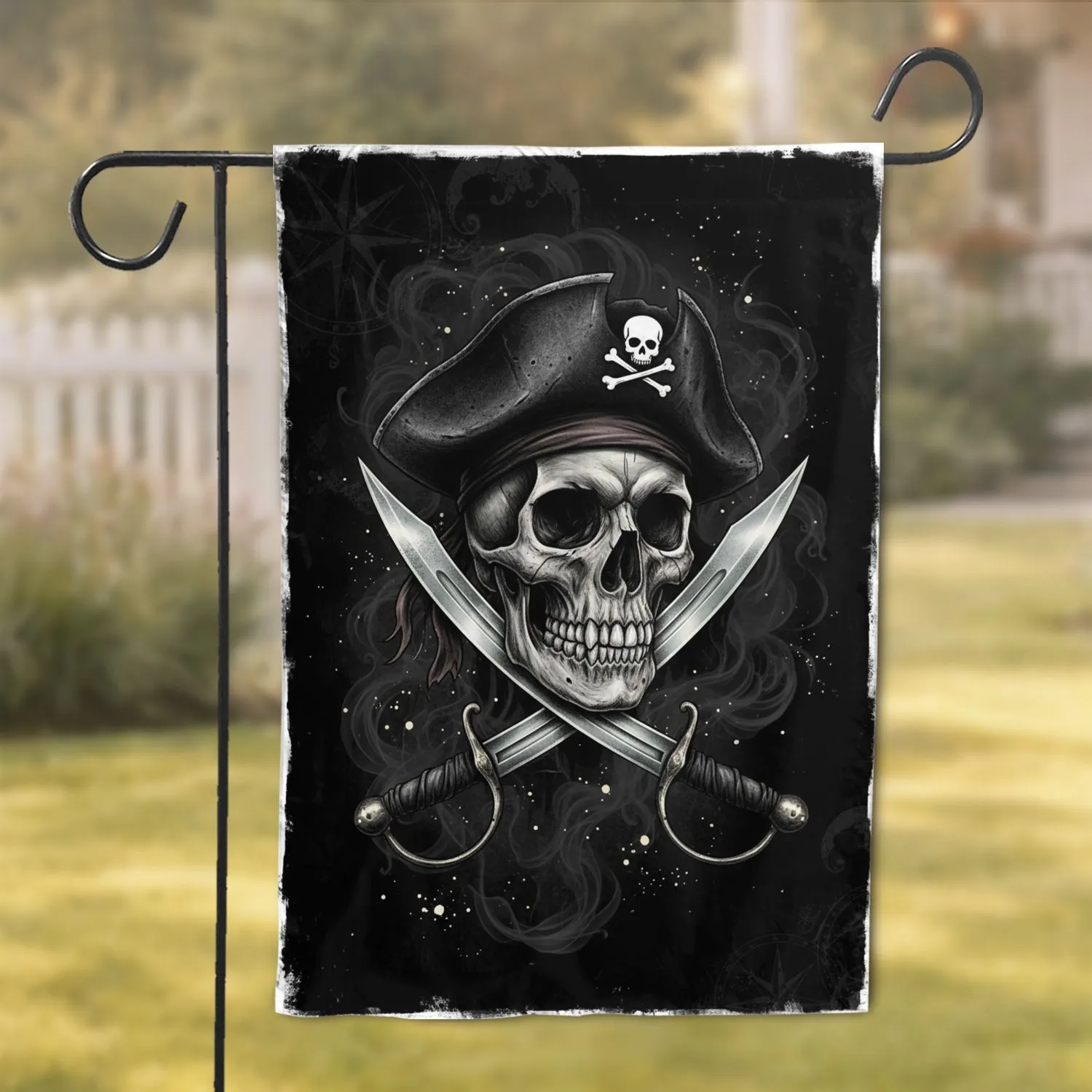 Pirate Skull Cutlass Tricorne Hat Skull Crossbones Compass Rose - Gothic Home Decor Gift Garden Flag - 1