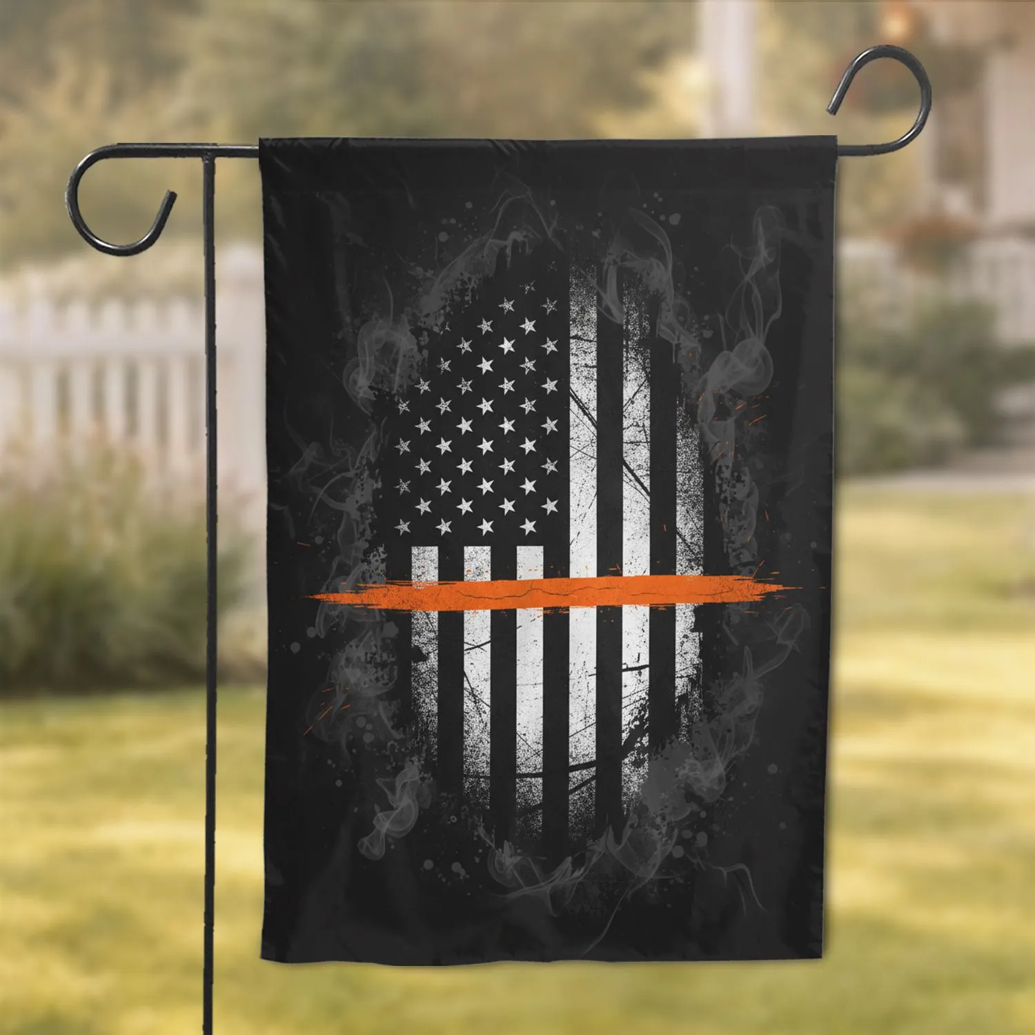 Distressed Patriotic Black American Flag Thin Orange Line White Stars - Home Decor Gift Garden Flag - 1