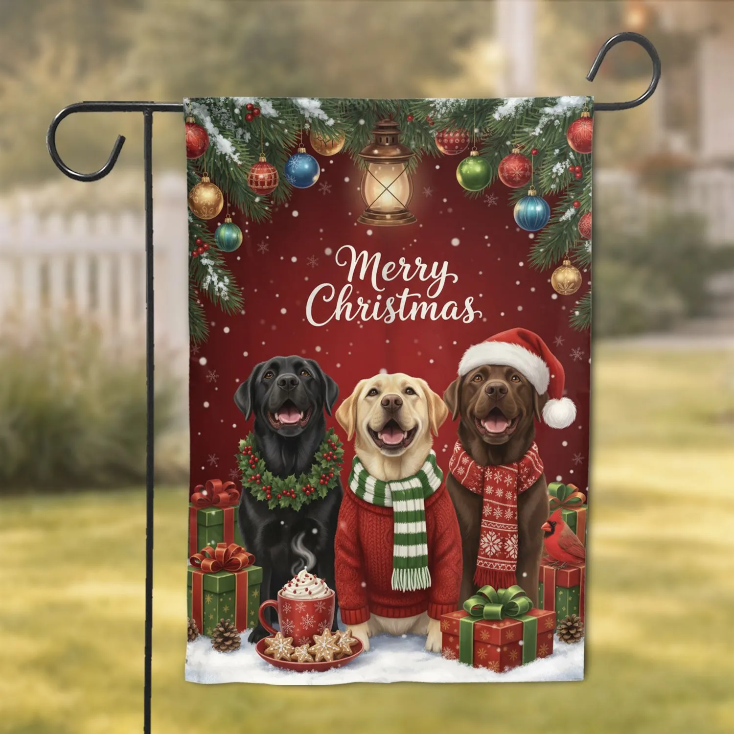 Merry Christmas Labrador Dogs Gifts Snow Lantern - Festive Holiday Dog Lover Home Gift Garden Flag - 1