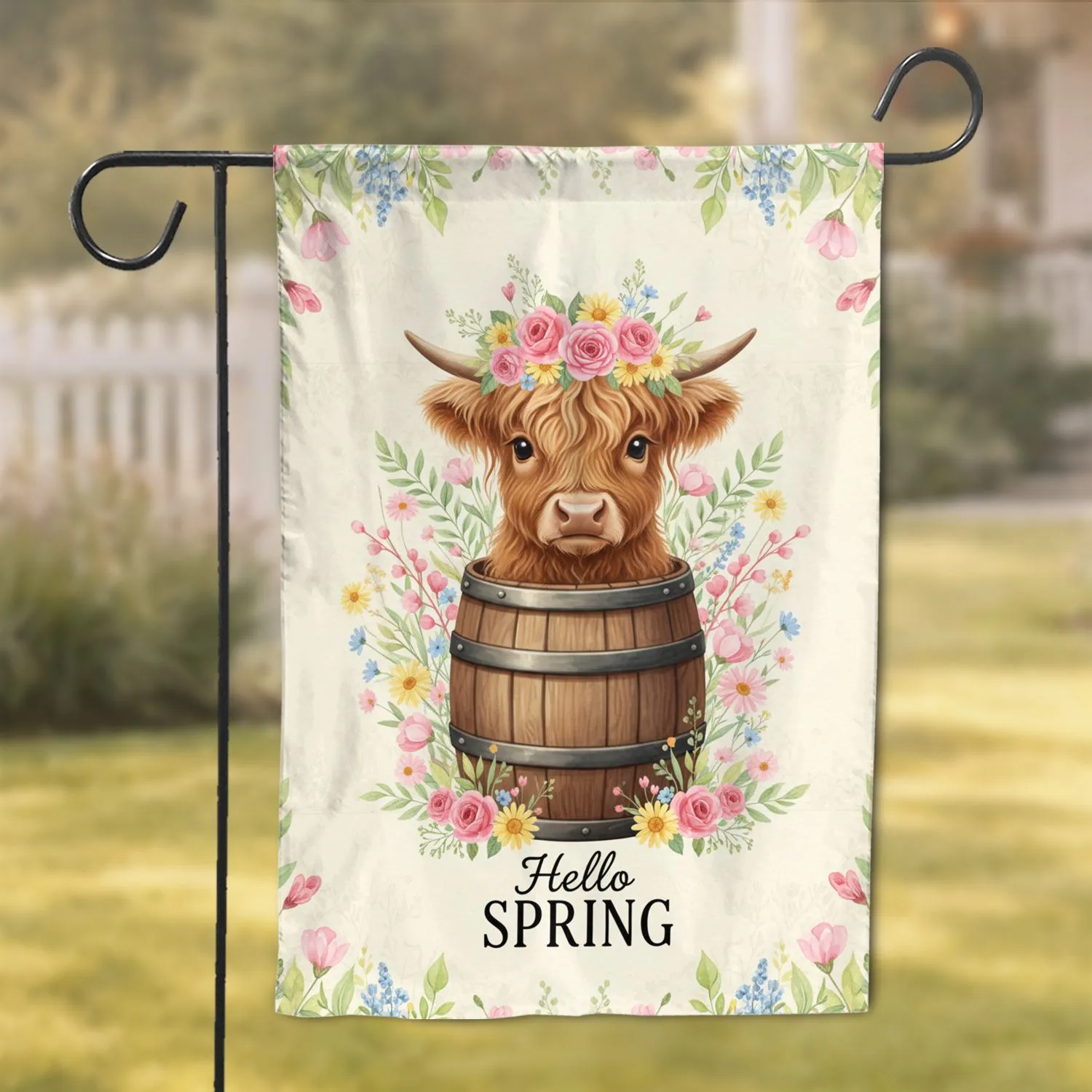 Baby Highland Cow Spring Floral Hello Spring - Rustic Farmhouse Home Decor Gift Garden Flag - 1