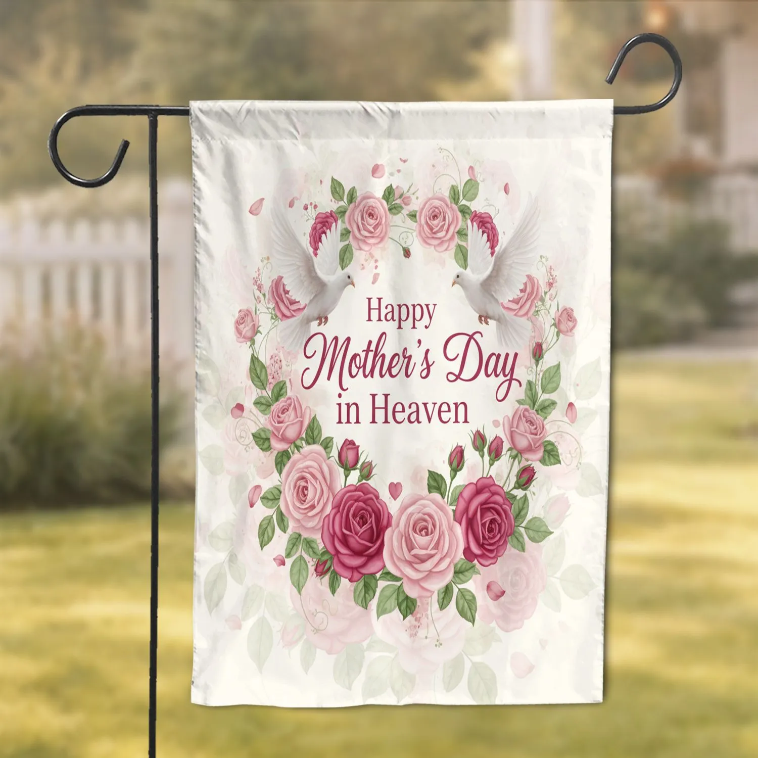 Happy Mother's Day in Heaven Text Doves Pink Roses - Mother's Day Remembrance Gift for Heavenly Mom Garden Flag - 1