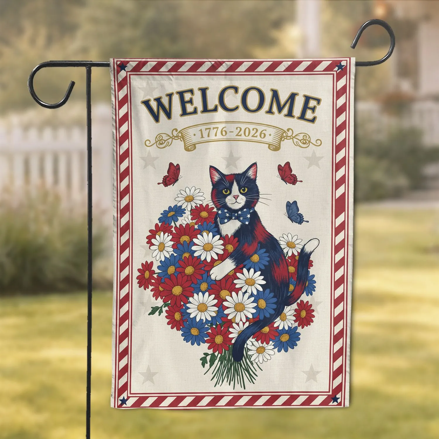 Welcome Tuxedo Cat Daisy Flowers Butterflies - America's 250th Anniversary 1776-2026 Garden Flag - 1