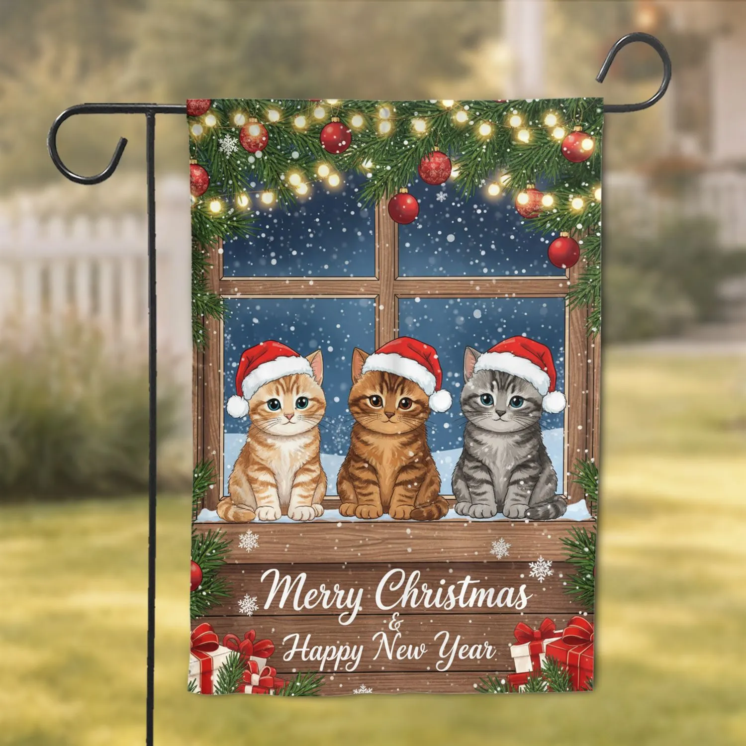 Tabby Kittens Santa Hats Christmas Presents - Christmas New Year Gift Garden Flag - 1