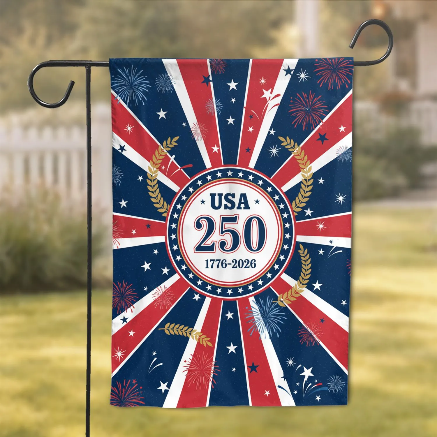 USA 250th Anniversary Emblem Starburst Laurel - Independence Day Patriotic Display Garden Flag - 1