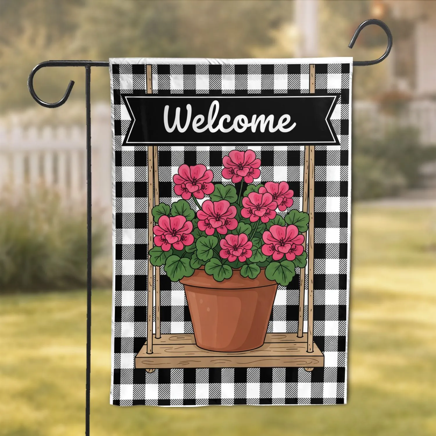 Welcome Geraniums Terracotta Pot Wooden Swing Buffalo Check - Home Decor Gift Garden Flag - 1