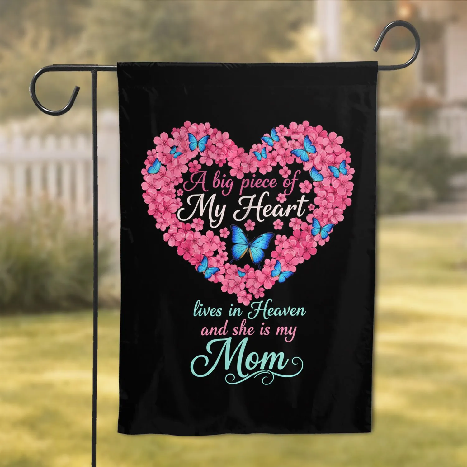 Pink Flowers Blue Butterflies Floral Heart - Mom Heaven Memorial Tribute Garden Flag - 1