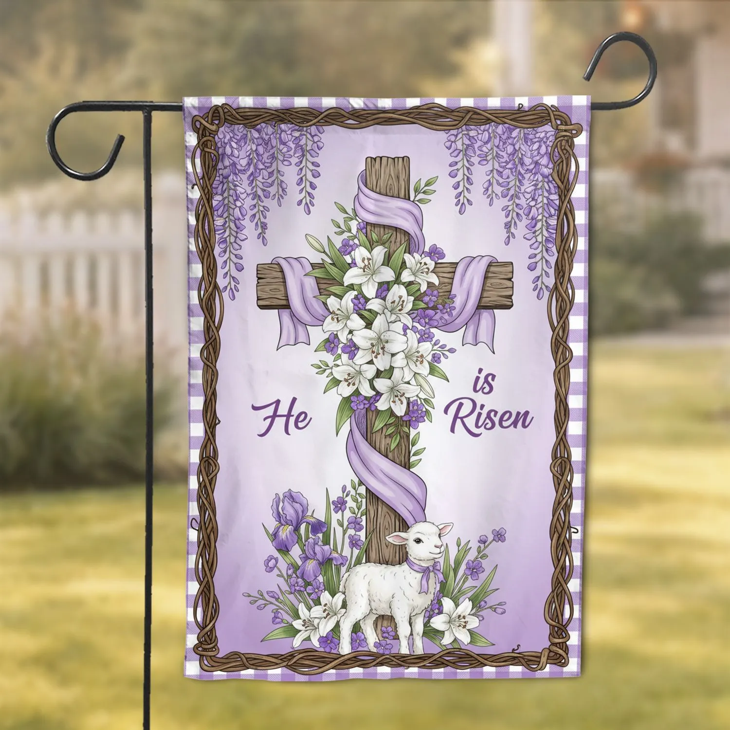 Easter Lily Cross He is Risen Lamb - Religious Easter Home Decor Garden Flag - 1