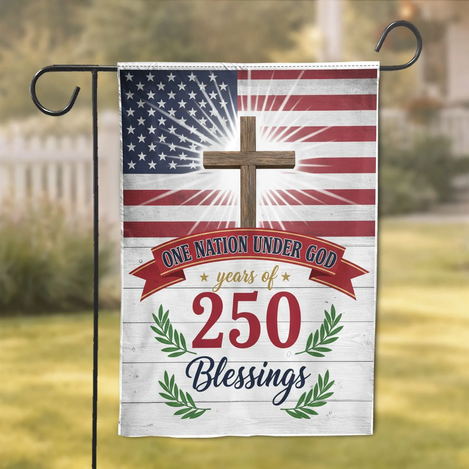 Distressed American Flag Cross 250th Anniversary - One Nation Under God Garden Flag - 1