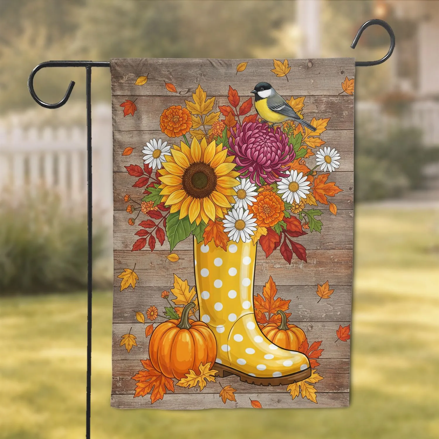 Yellow Polka Dot Rain Boot Sunflower Chrysanthemum Bird Pumpkins - Autumn Home Decor Gift Garden Flag - 1