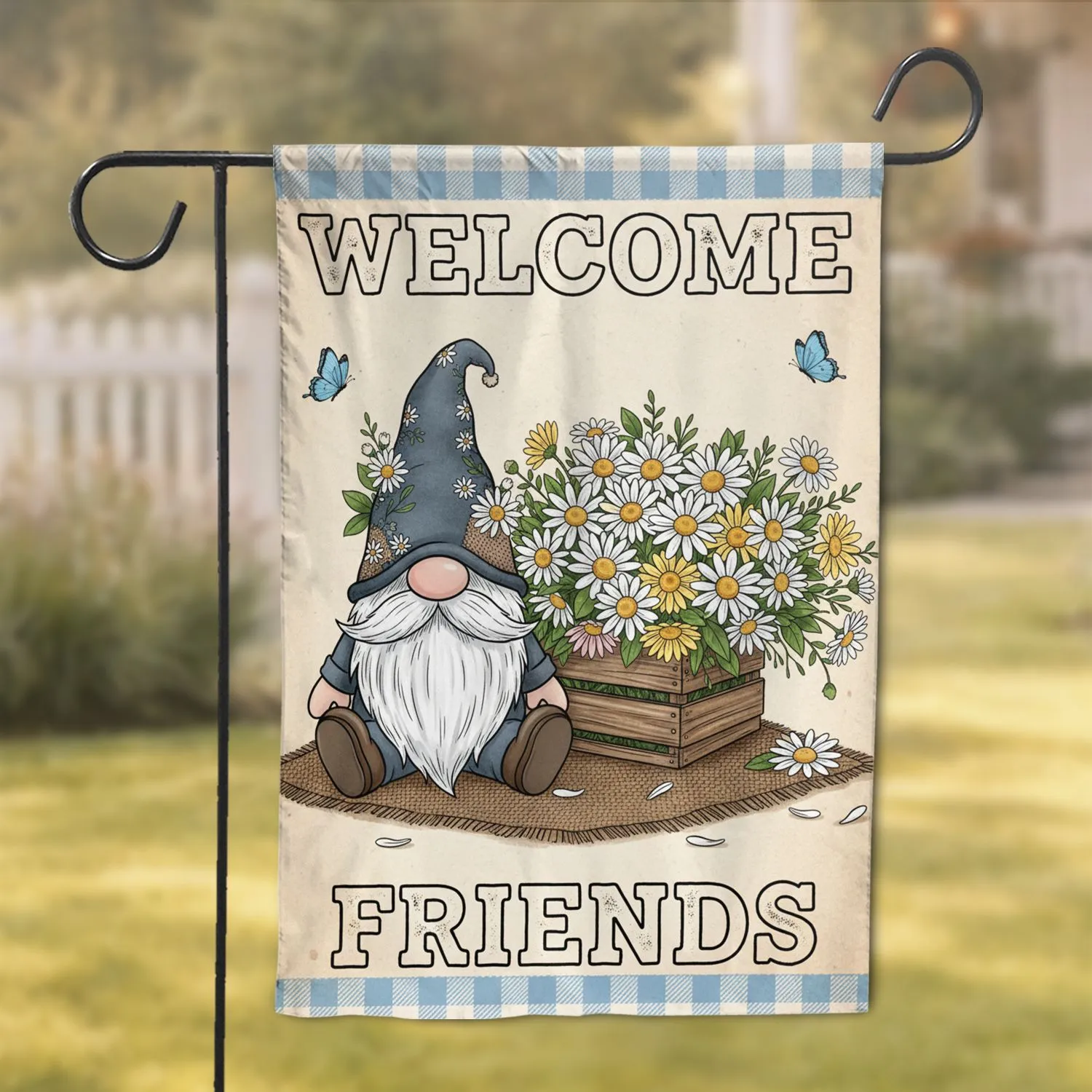 Garden Gnome Welcome Friends Daisy Flowers Butterflies - Farmhouse Home Decor Garden Flag - 1
