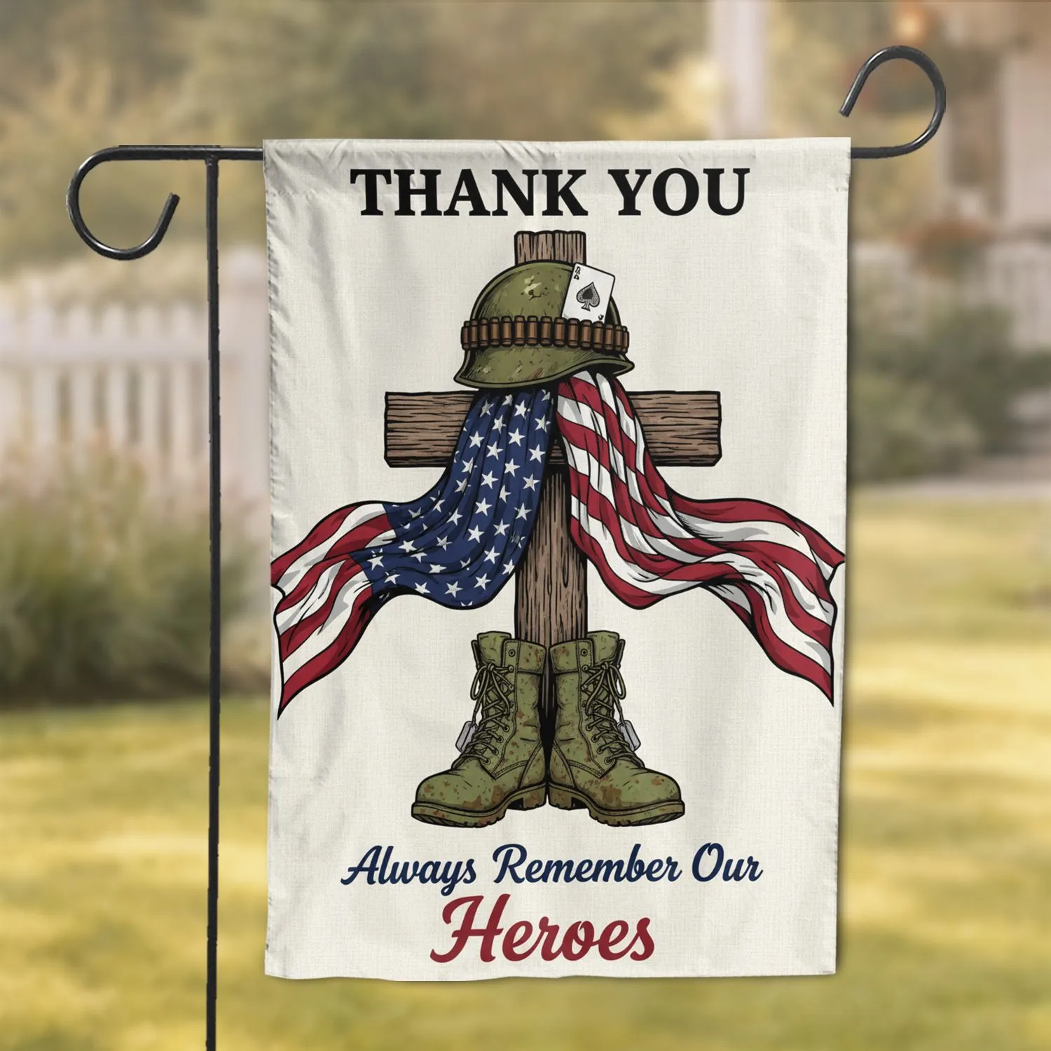 Battlefield Cross American Flag Thank You - Patriotic Remembrance Gift for Veterans Garden Flag - 1