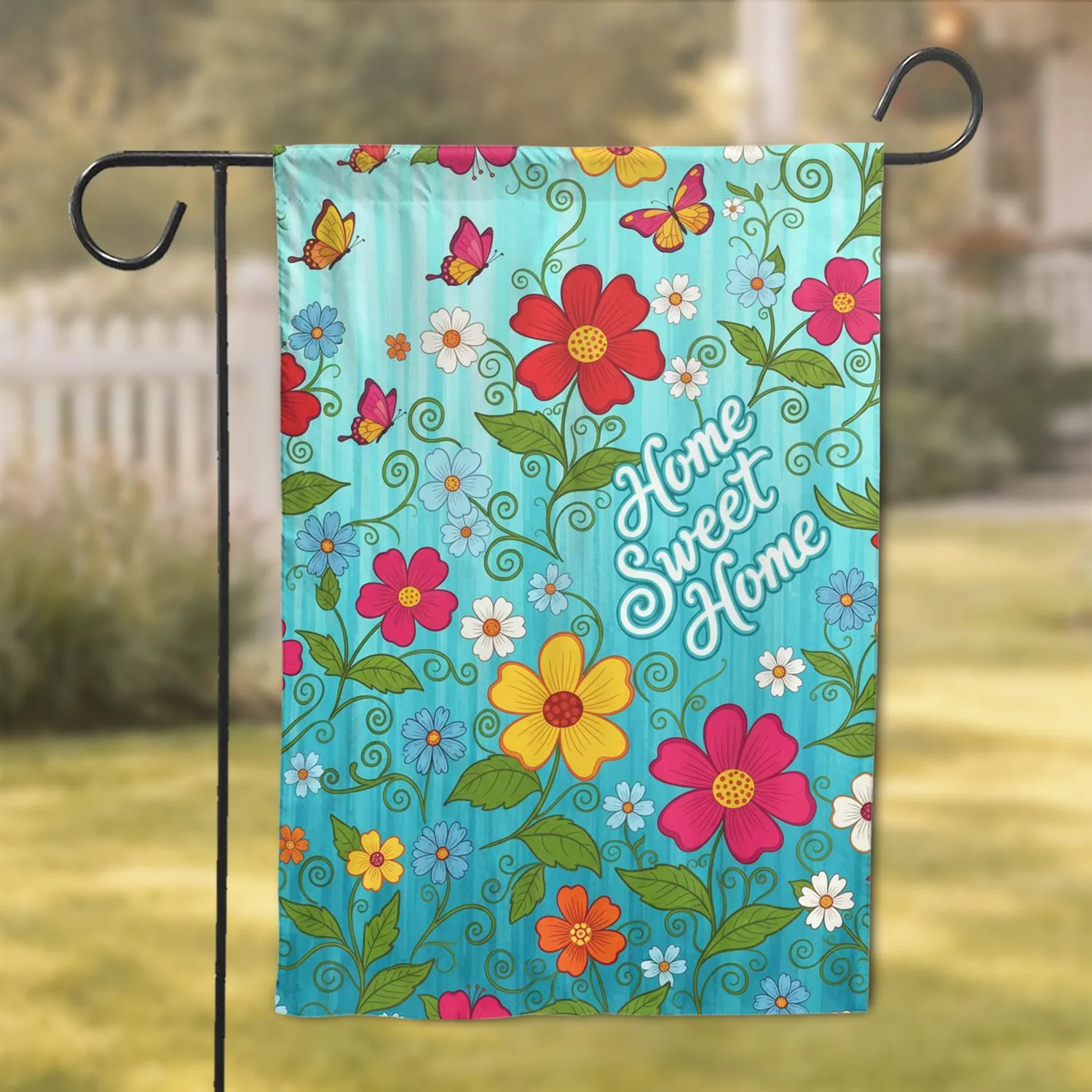 Aqua Blue Floral Garden Butterflies Home Sweet Home - Home Decor Gift Garden Flag - 1