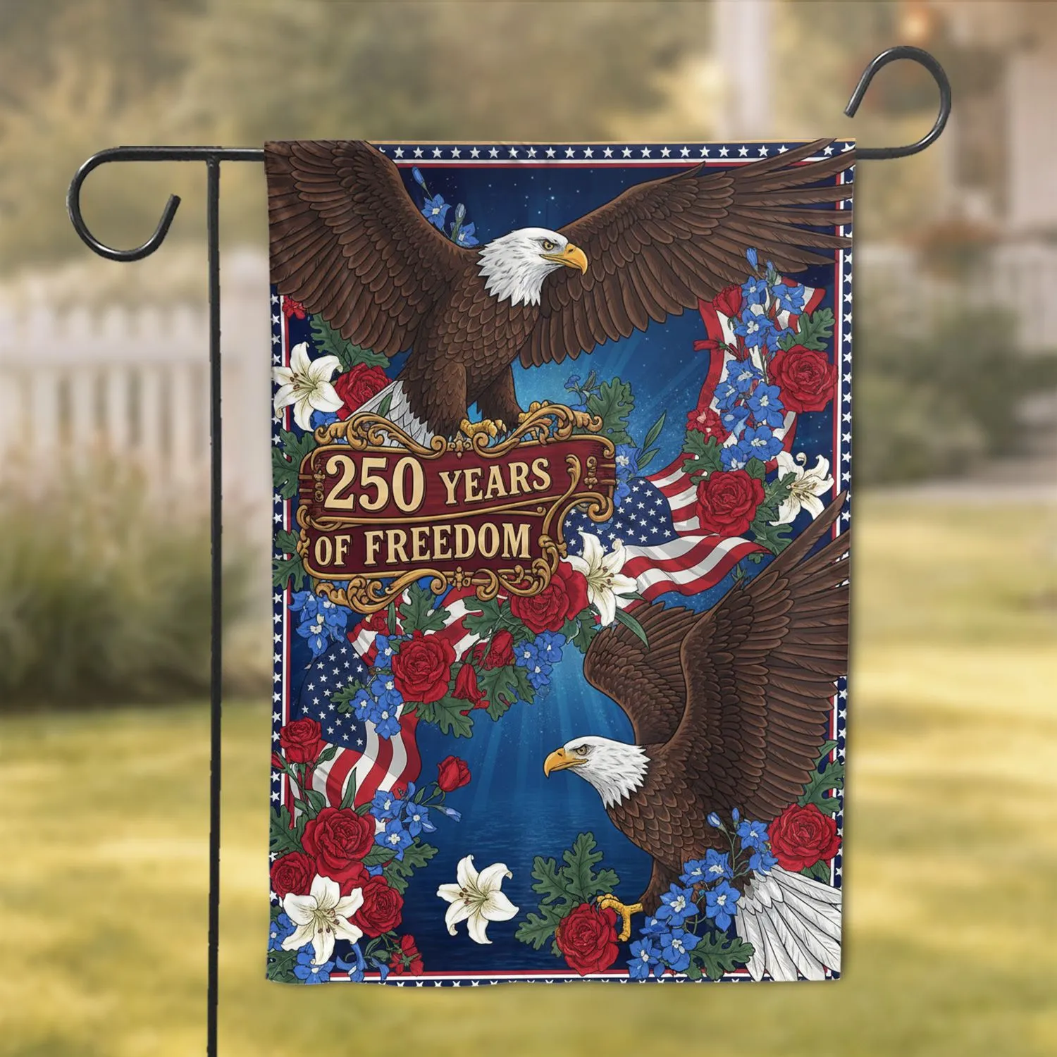 Bald Eagle American Flag Floral - USA 250 Years of Freedom Independence Day Gift for Veterans Garden Flag - 1