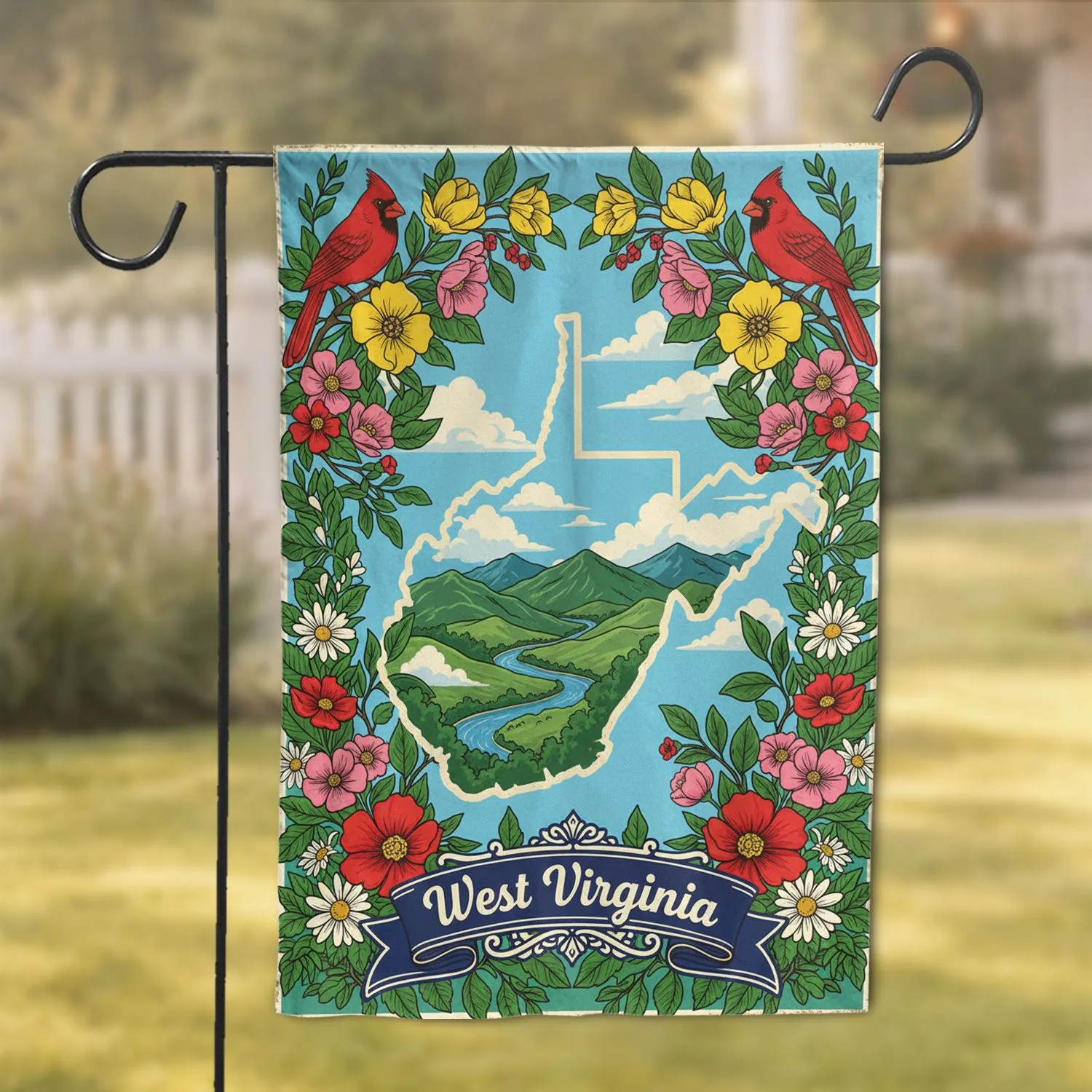 West Virginia State Map Cardinal Birds - Home Decor Gift for West Virginia Lovers Garden Flag - 1