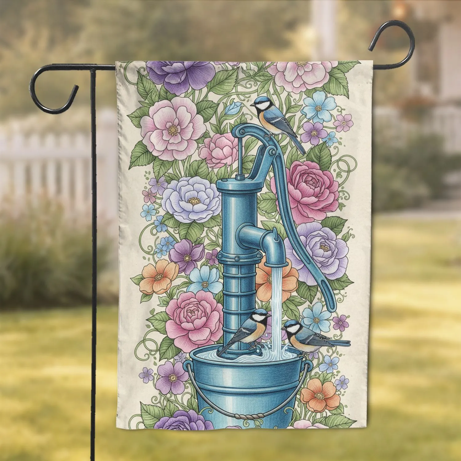 Vintage Blue Water Pump Songbirds Blooming Flowers - Wildlife Home Decor Gift Garden Flag - 1