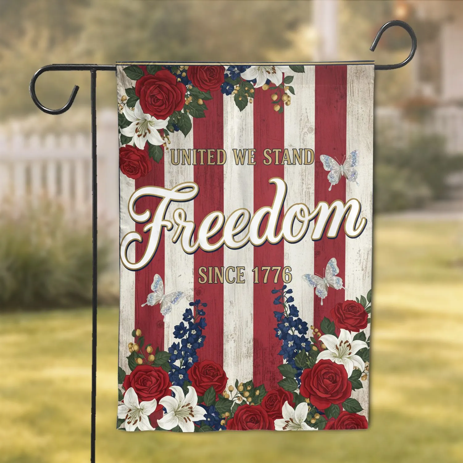 Freedom Script United We Stand 1776 Floral - USA 250th Anniversary Home Decor Garden Flag - 1