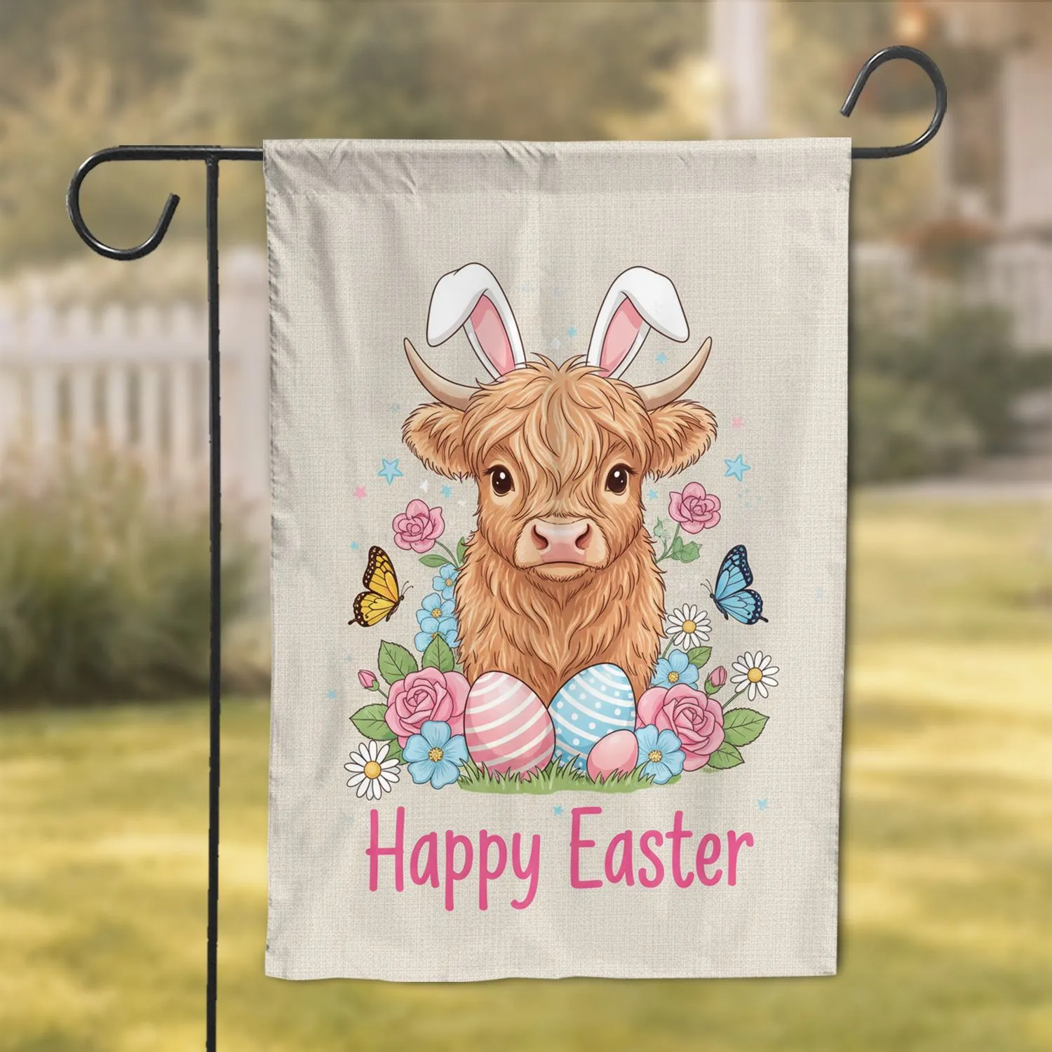 Baby Highland Cow Bunny Ears Pastel Flowers Easter Eggs - Happy Easter Decor Garden Flag - 1