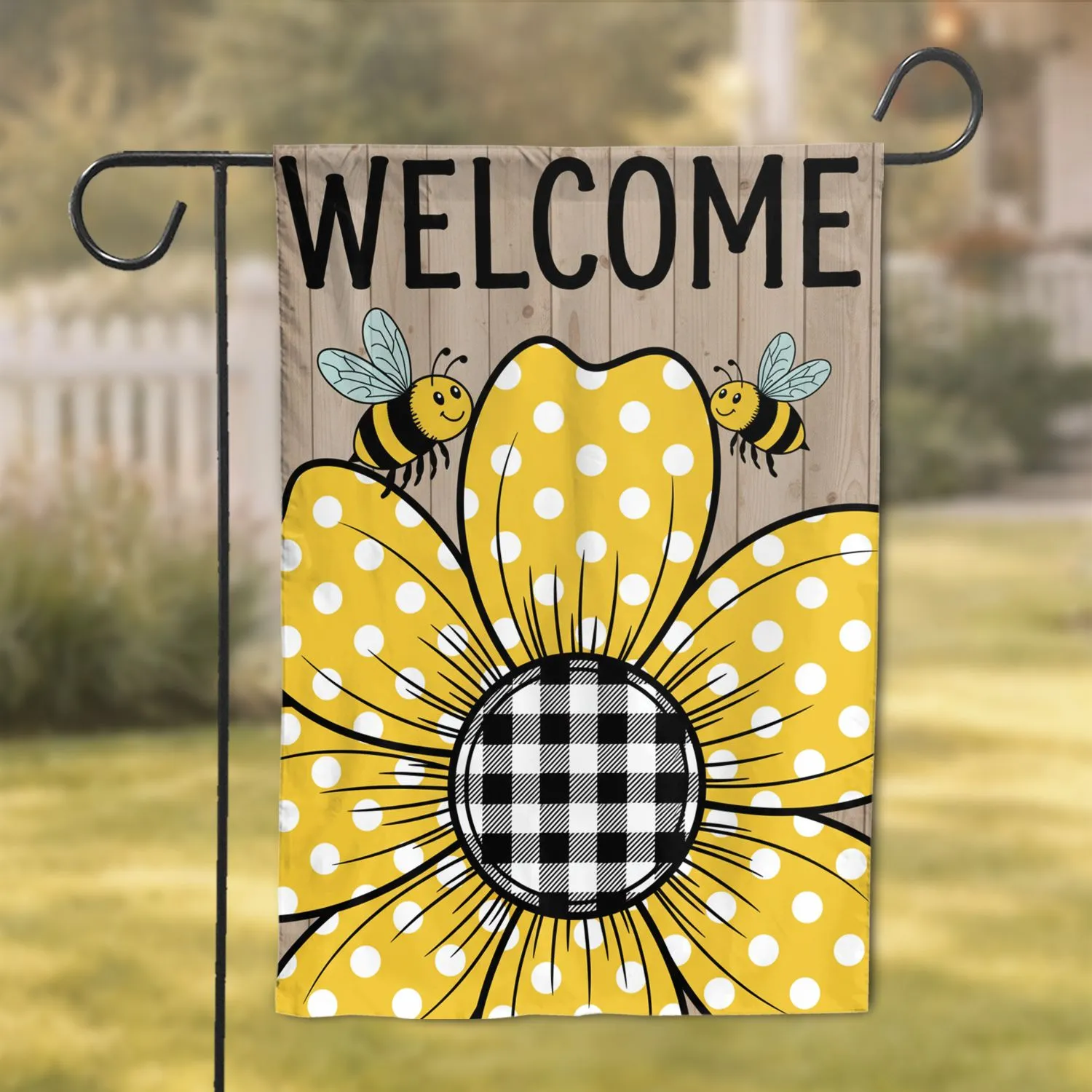 Large Yellow Polka Dot Flower Welcome Bees Rustic Wood Panel - Home Decor Gift Garden Flag - 1