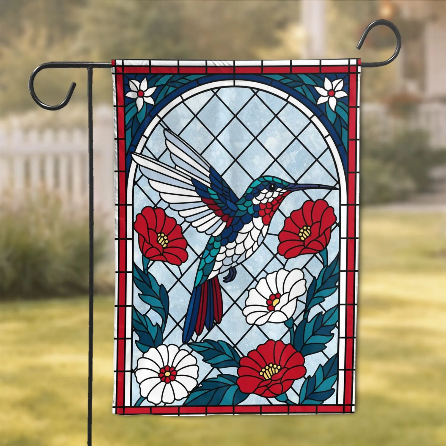 Stained Glass Hummingbird Hibiscus Flowers - Home Decor Gift for Bird Lover Garden Flag - 1