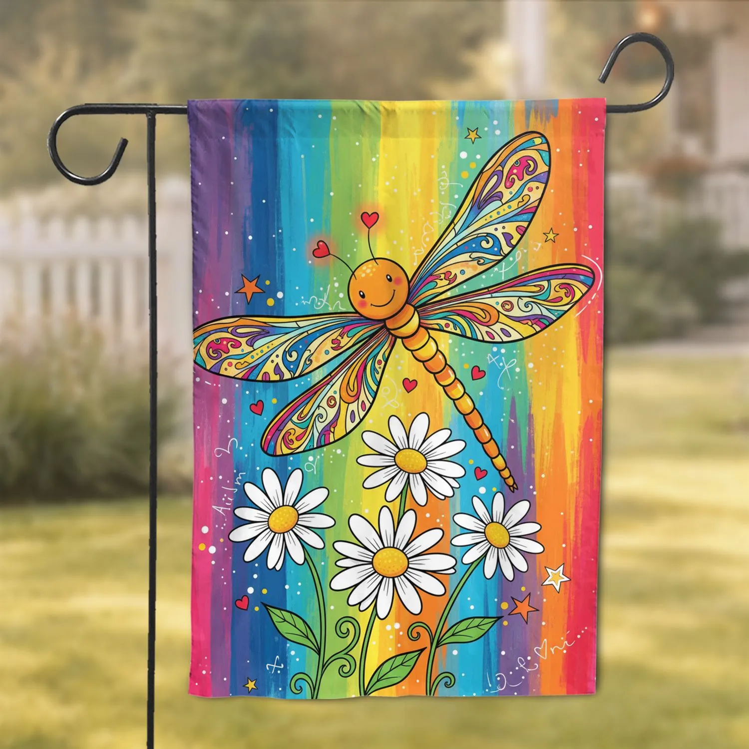 Flying Dragonfly Daisies Rainbow Stars Hearts - Celebration Home Decor Gift for Nature Lovers Garden Flag - 1