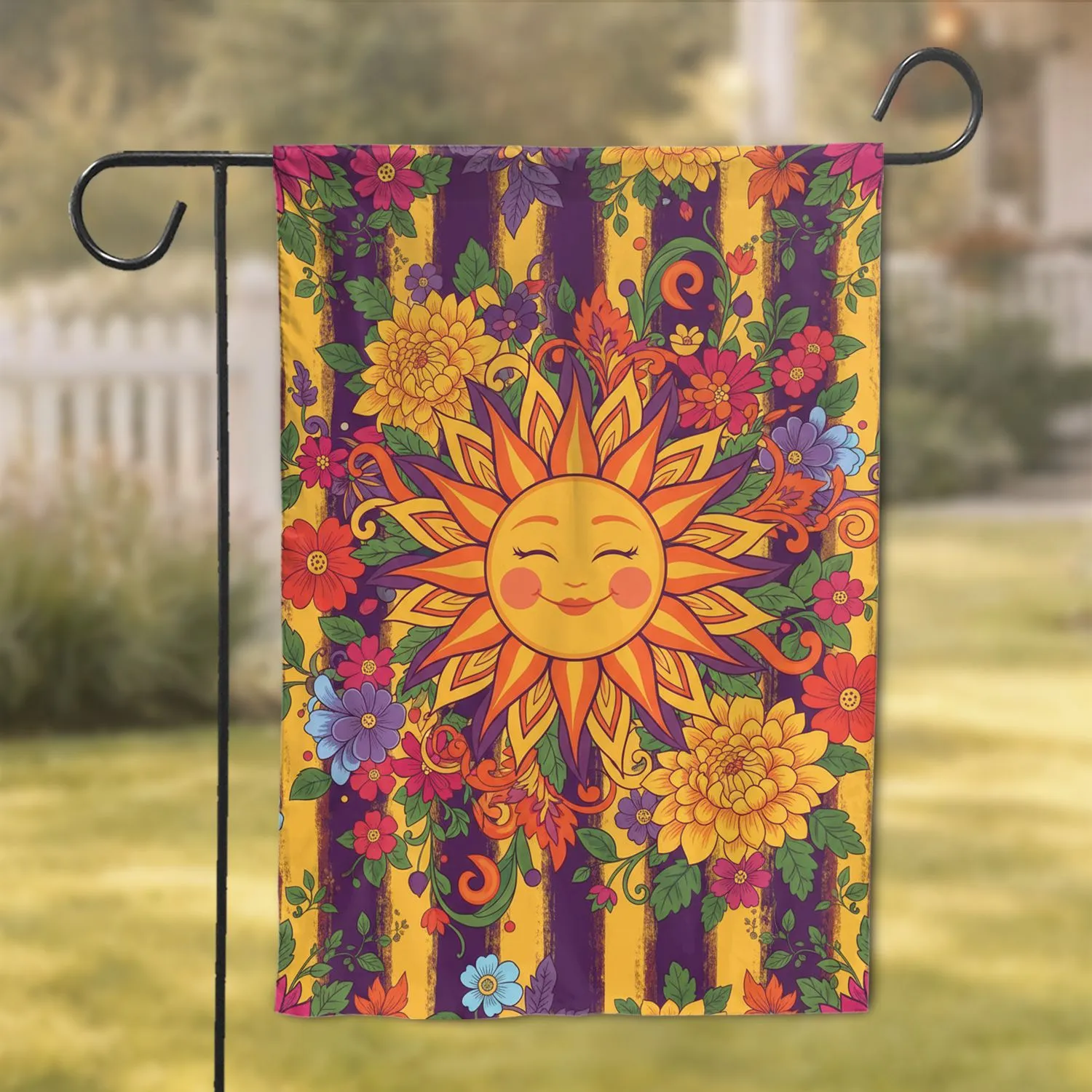 Happy Sun Chrysanthemum Purple Blooms - Vertical Stripe Home Decor Gift Garden Flag - 1