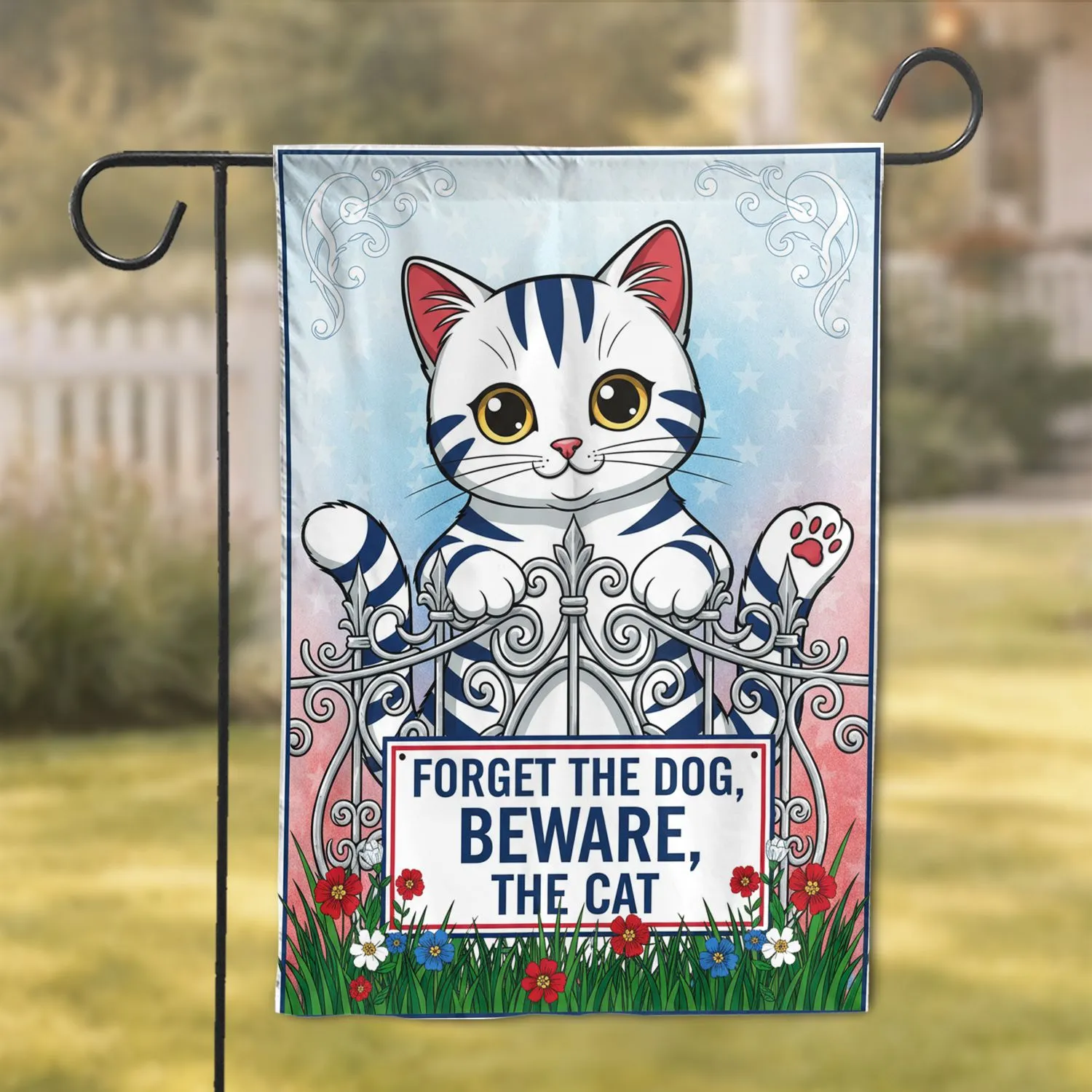 Fluffy Tabby Kitten 'Beware The Cat' Sign Wildflowers - Cat Lover Home Decor Gift Garden Flag - 1