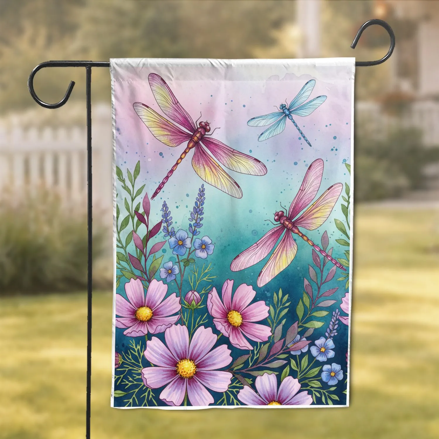 Dragonflies Garden Flowers Lush Foliage Water Garden - Wildlife Lover Gift Garden Flag - 1