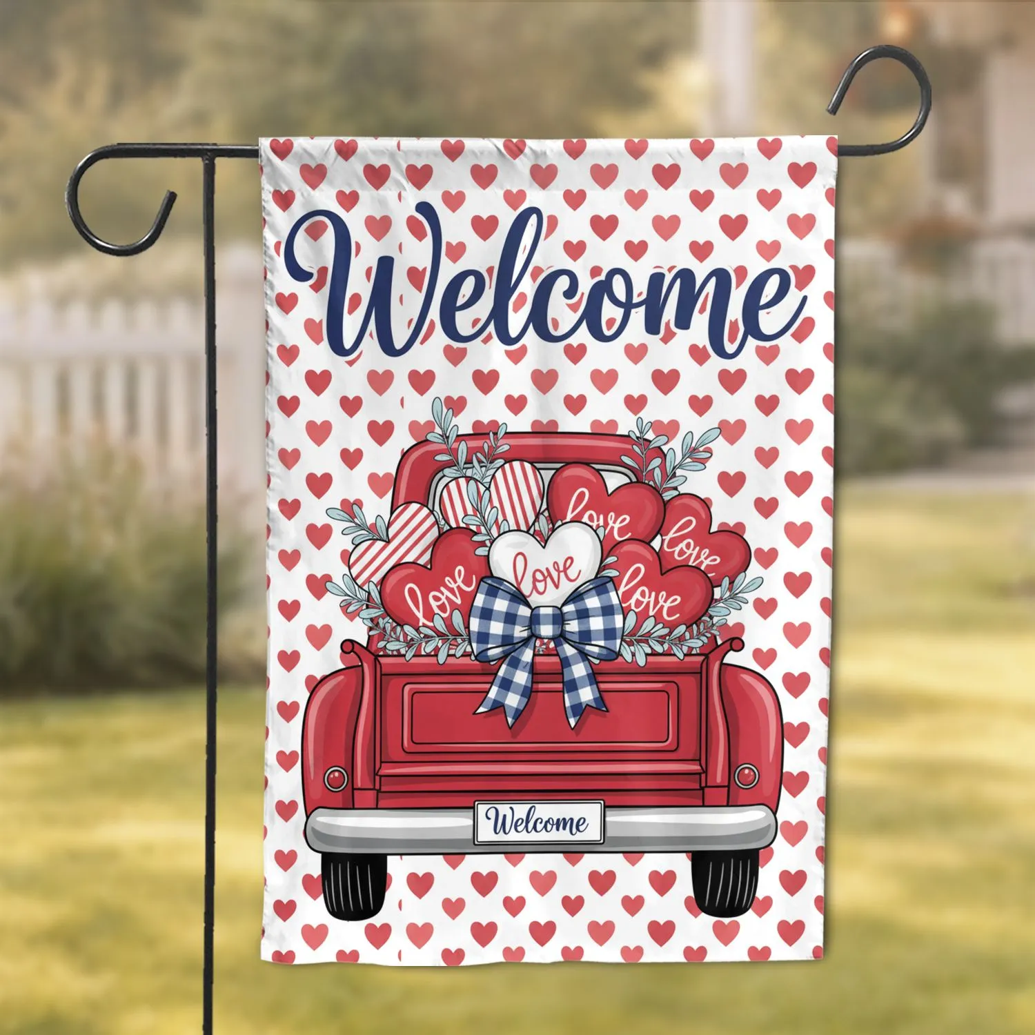 Vintage Red Pickup Truck Hearts Welcome - Farmhouse Decor Gift Garden Flag - 1