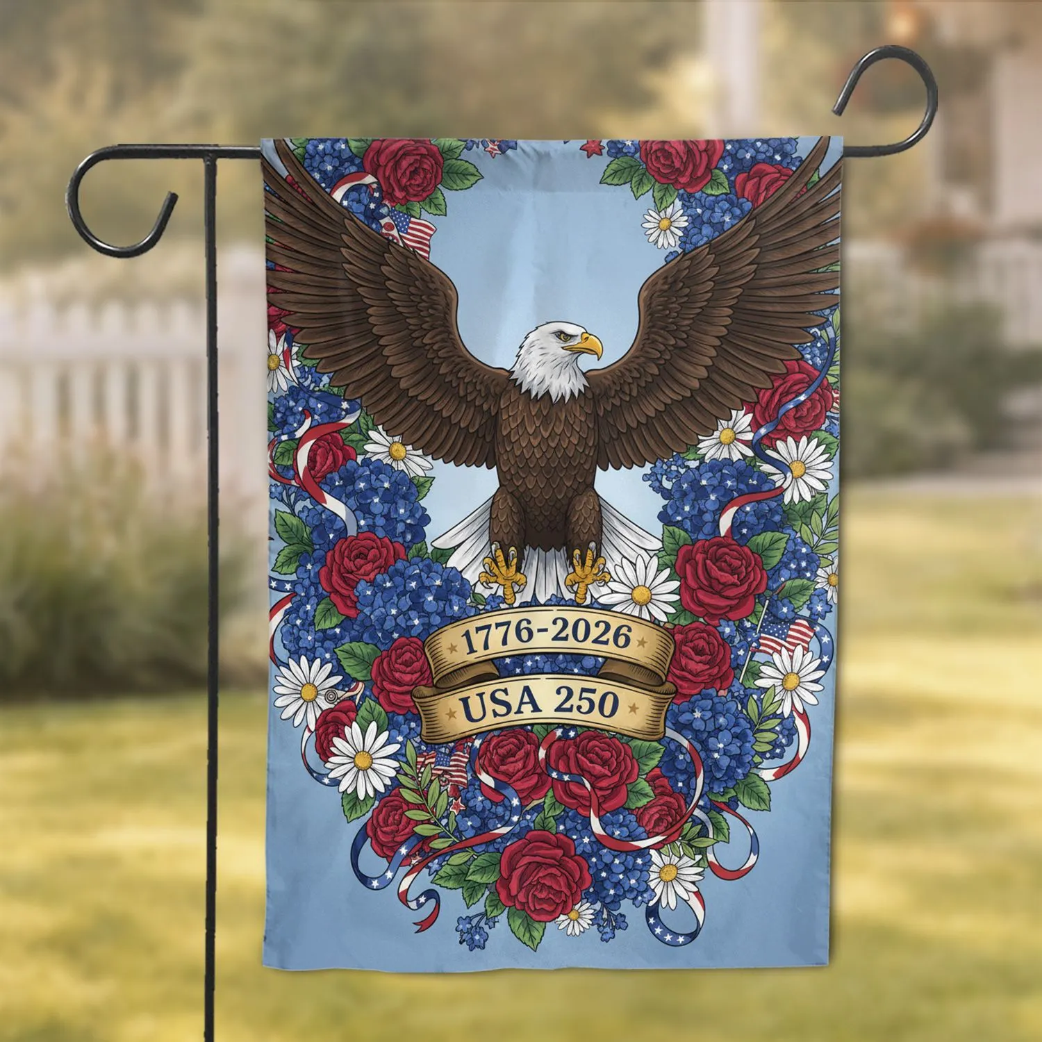 Bald Eagle Patriotic Flowers 1776-2026 - America's 250th Anniversary Garden Flag - 1