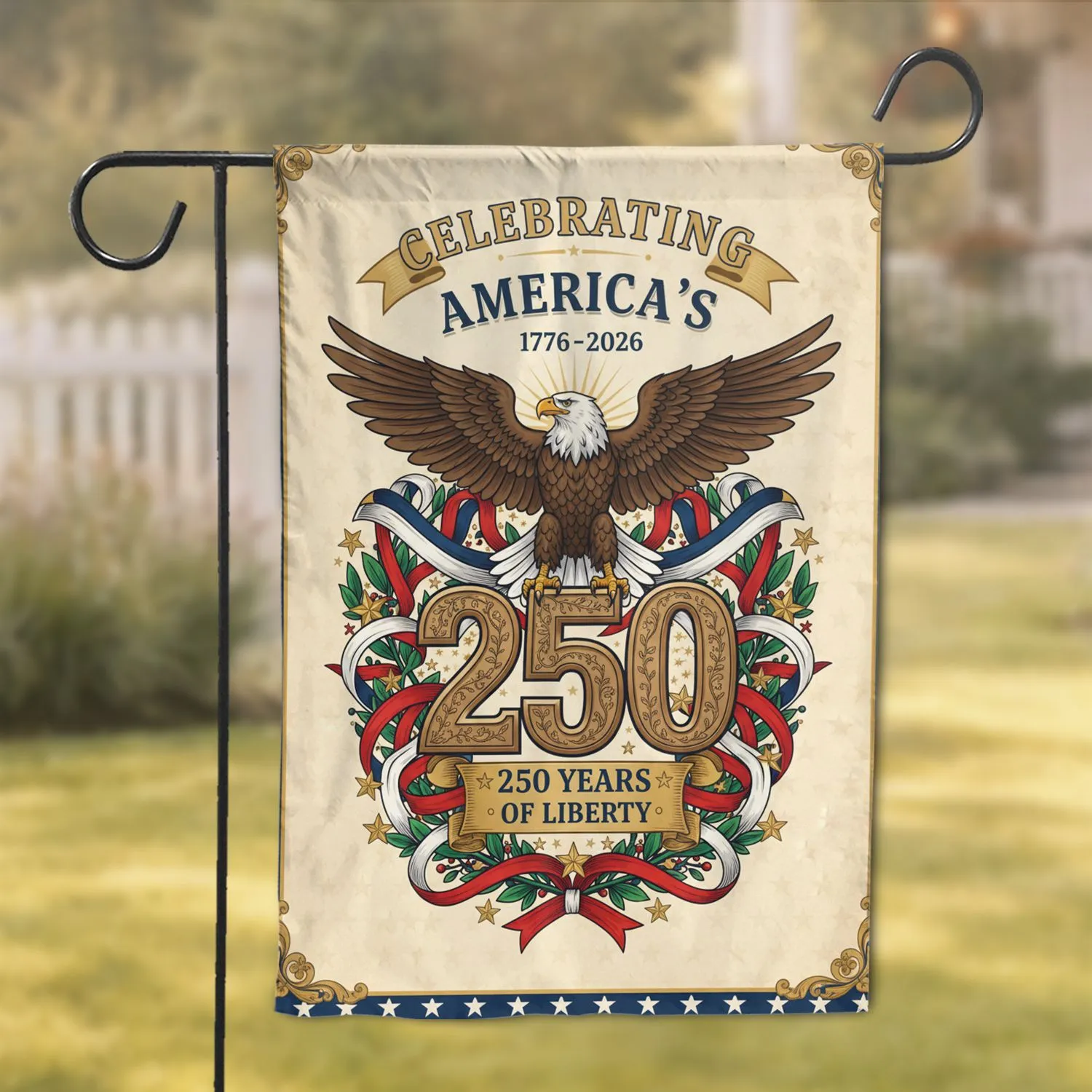Bald Eagle 250 Years Liberty American Flag Border - America's 250th Anniversary Garden Flag - 1