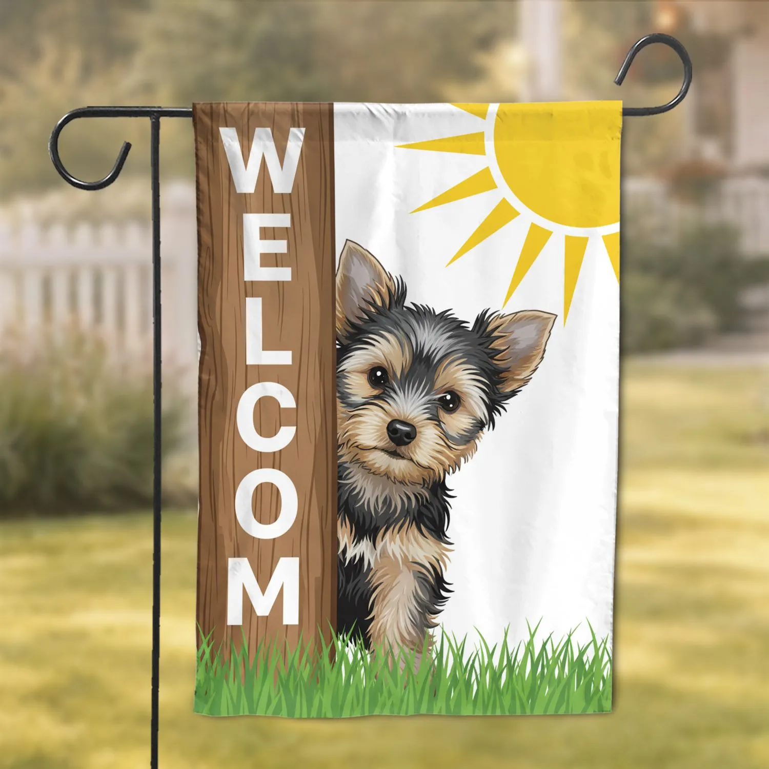 Yorkshire Terrier Puppy Welcome Sign Golden Sun Daisy Flowers Home Decor Gift Garden Flag - 1