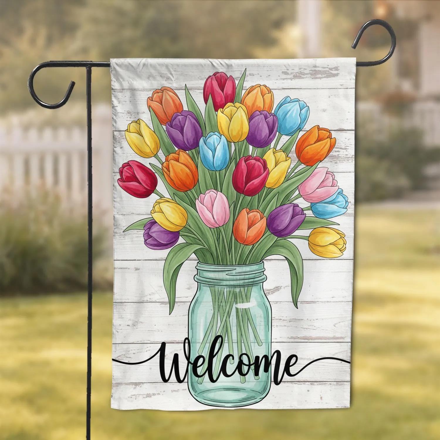 Welcome Tulips Mason Jar Bouquet - Rustic Farmhouse Home Decor Gift Garden Flag - 1