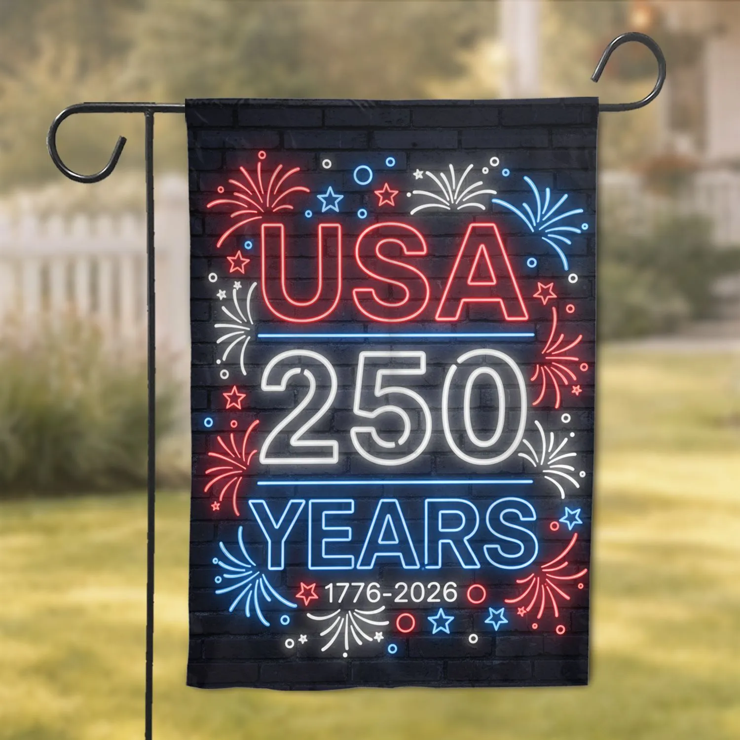 USA 250 Neon Fireworks Stars - America's 250th Anniversary Independence Day Garden Flag - 1