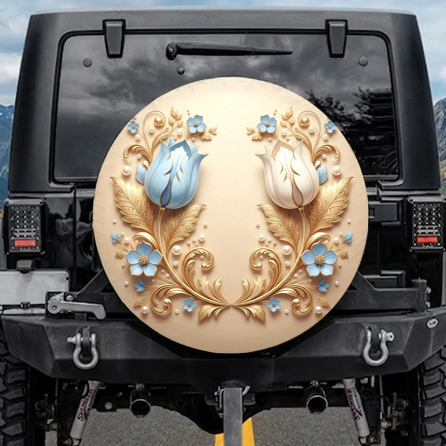 Symmetrical Tulip Golden Leaf Pearl Floral Arrangement Luxury Vehicle Decor Spare Tire Cover - 1
