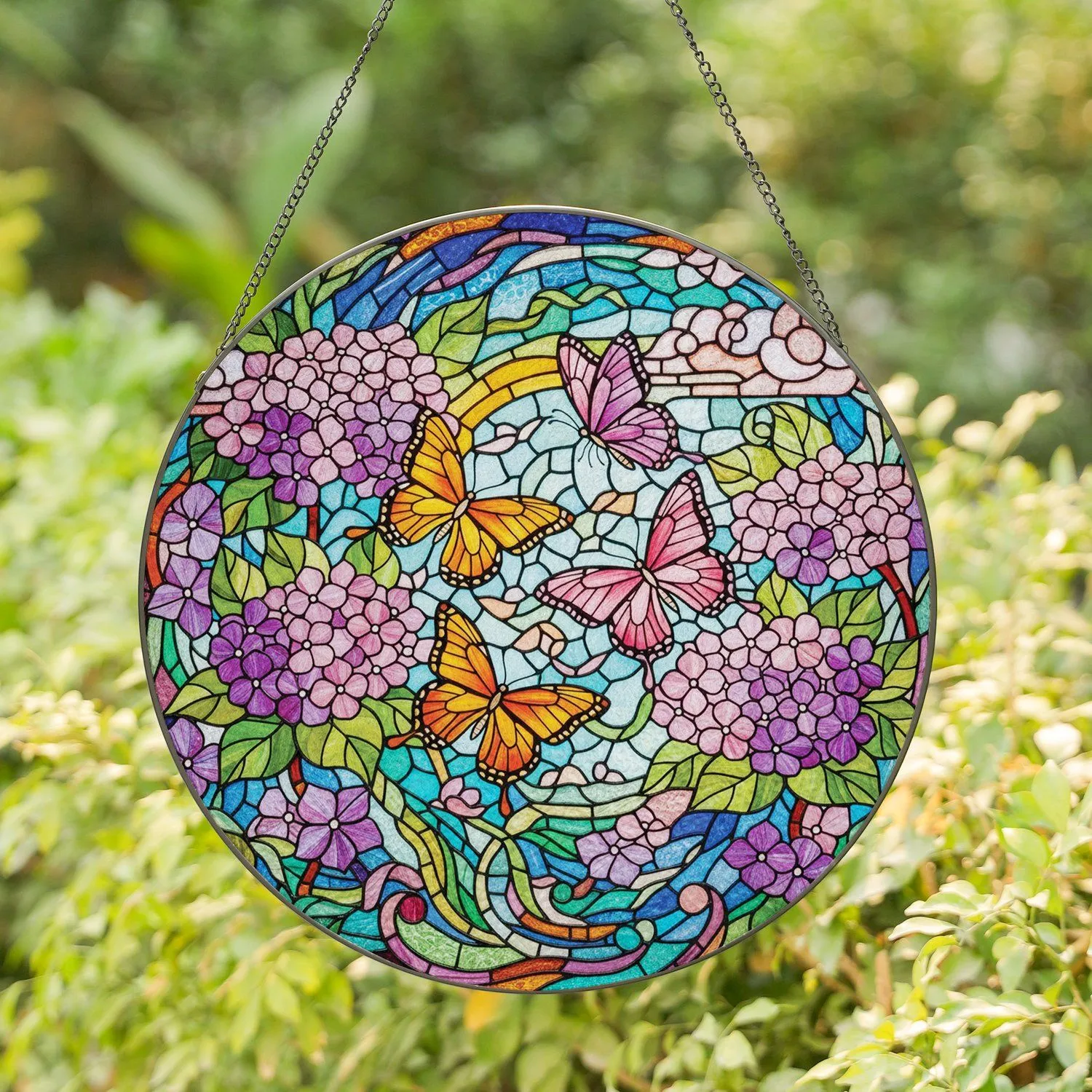 Four Butterflies Hydrangea Floral Mosaic - Home Decor Gift for Butterfly Lover Stained Glass Suncatcher - 1