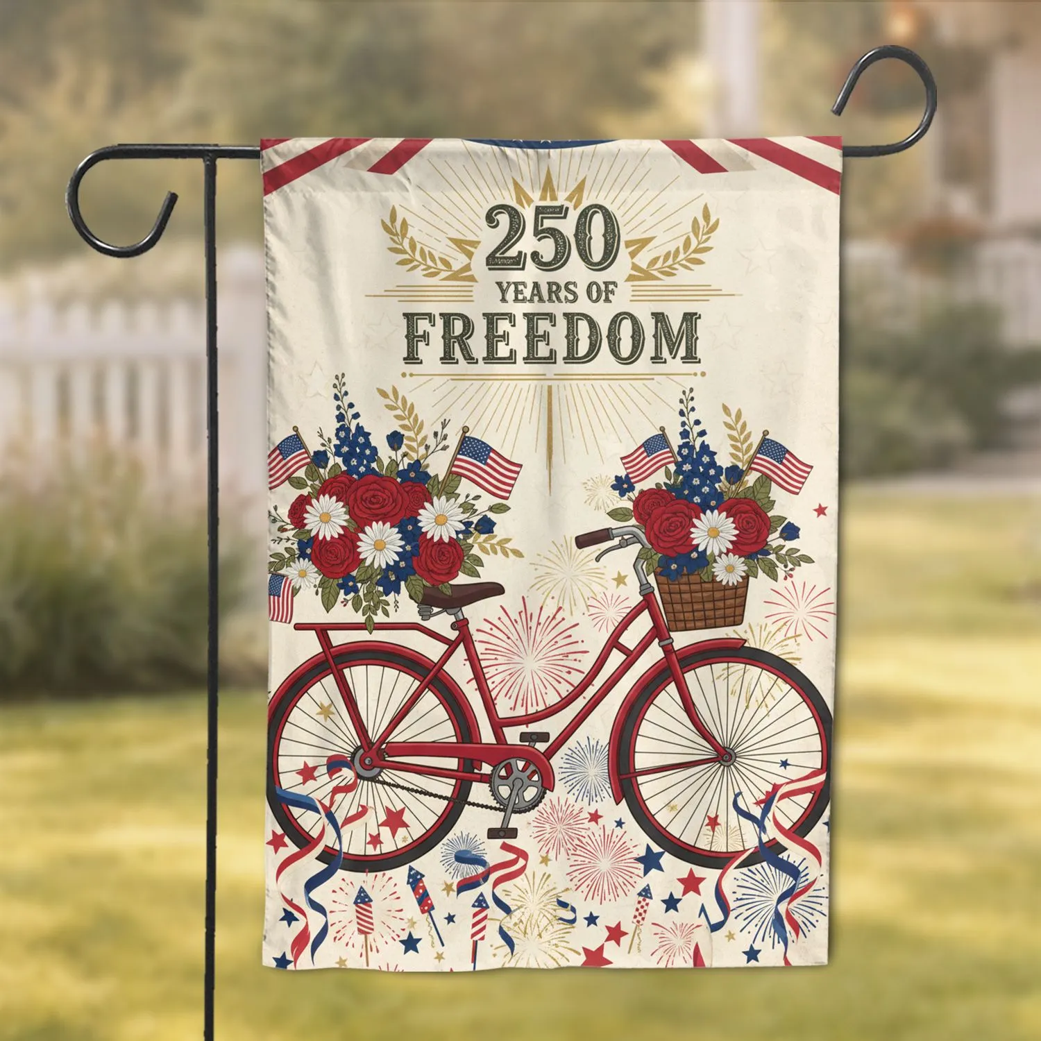 Patriotic Red Bicycle 250 Years of Freedom - USA 250th Anniversary Independence Day Garden Flag - 1