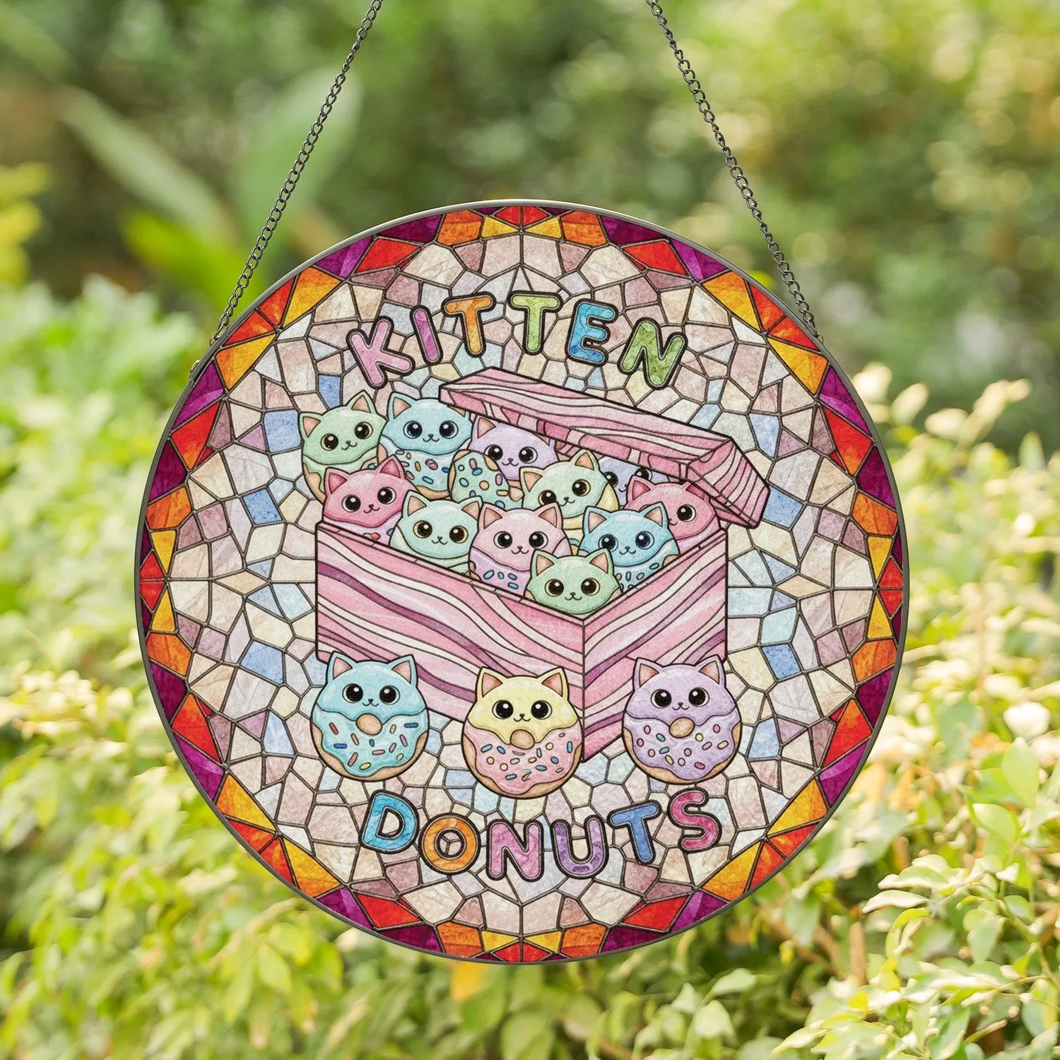 Kitten Donut Box overflowing with Frosted Donut Kittens - Cat Lover Home Decor Gift Stained Glass Suncatcher - 1