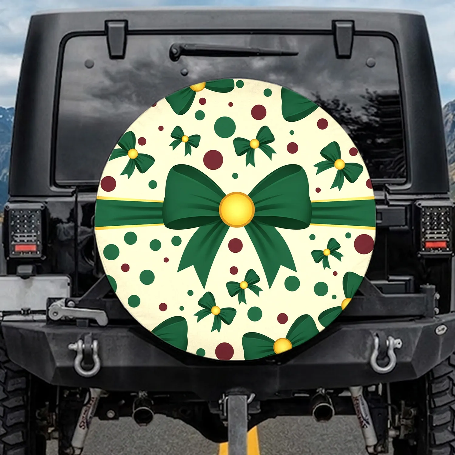 Multiple Festive Bows Flowing Ribbons Polka Dots - Winter Celebration Gifting Spare Tire Cover - 1
