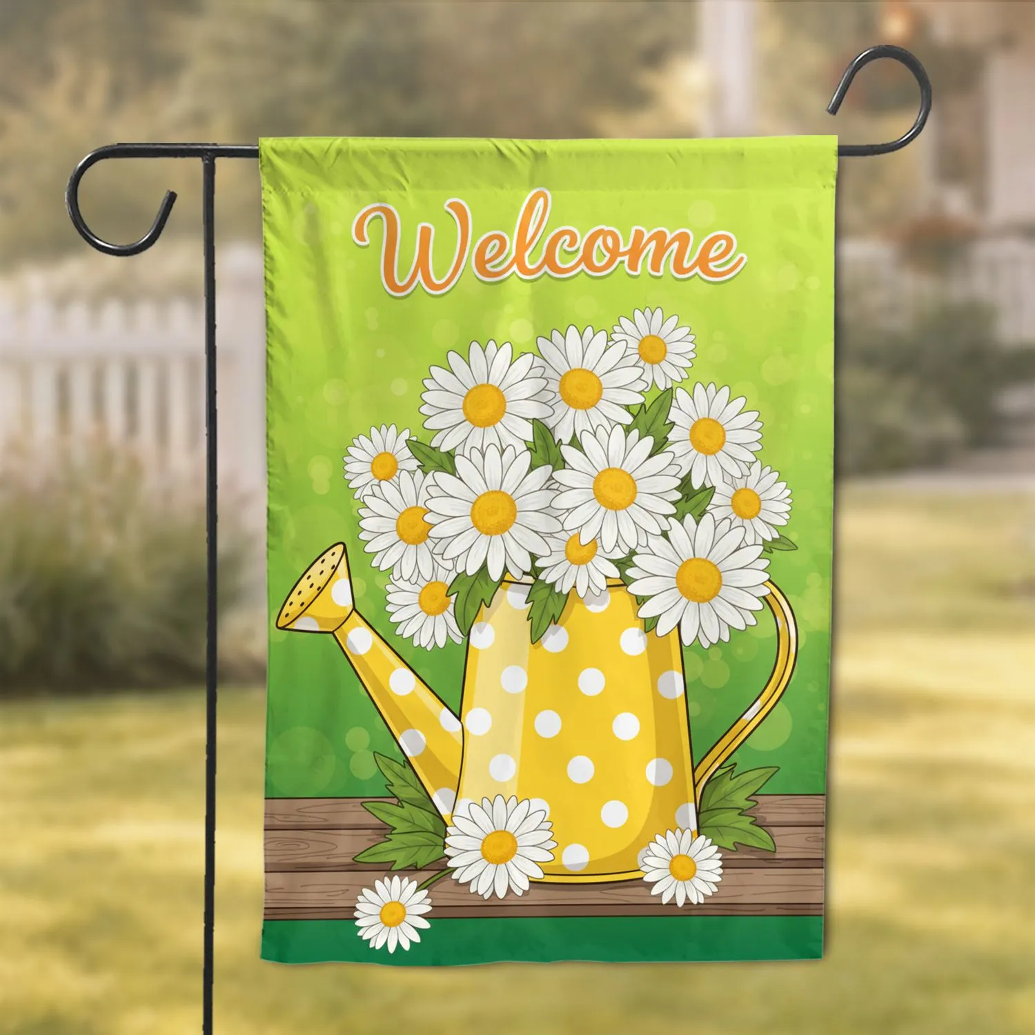 Yellow Polka Dot Watering Can White Daisies Rustic Wood Welcome - Everyday Home Decor Accent Garden Flag - 1