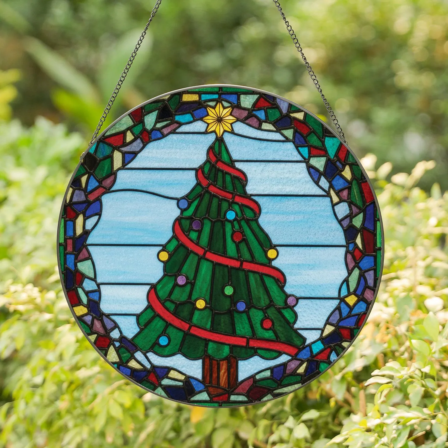 Christmas Tree Golden Star Red Ribbons Ornaments Multi-Color Border Blue Sky - Christmas Gift Stained Glass Suncatcher - 1