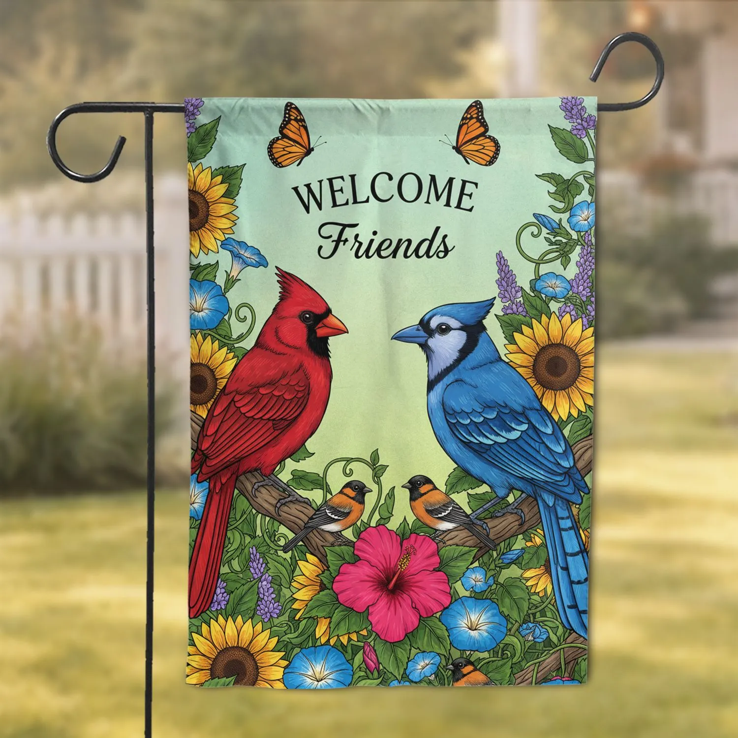 Red Cardinal Blue Jay Welcome Friends Sunflowers - Bird Lover Garden Decor Garden Flag - 1
