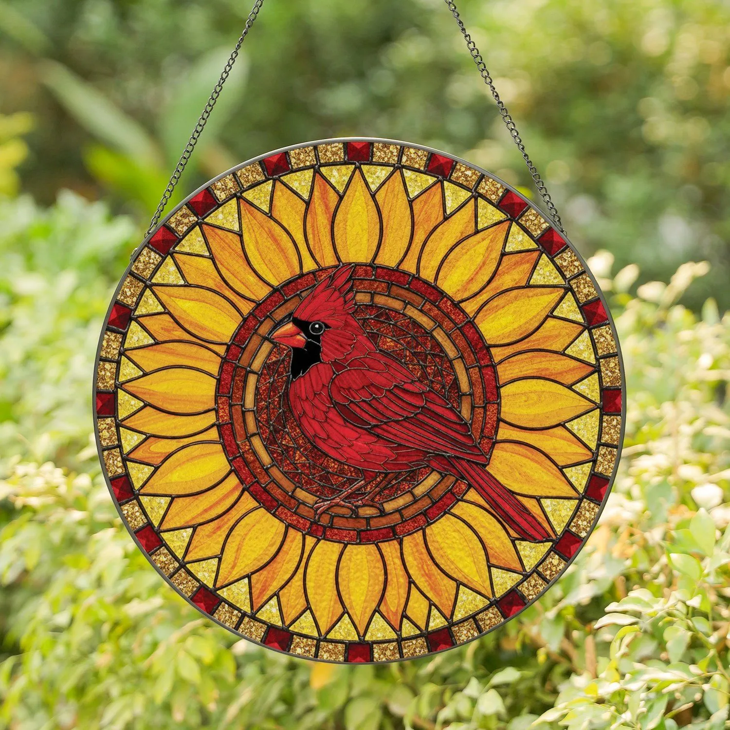 Red Cardinal Sunflower Seed Head Petals - Bird Lover Home Decor Gift Stained Glass Suncatcher - 1
