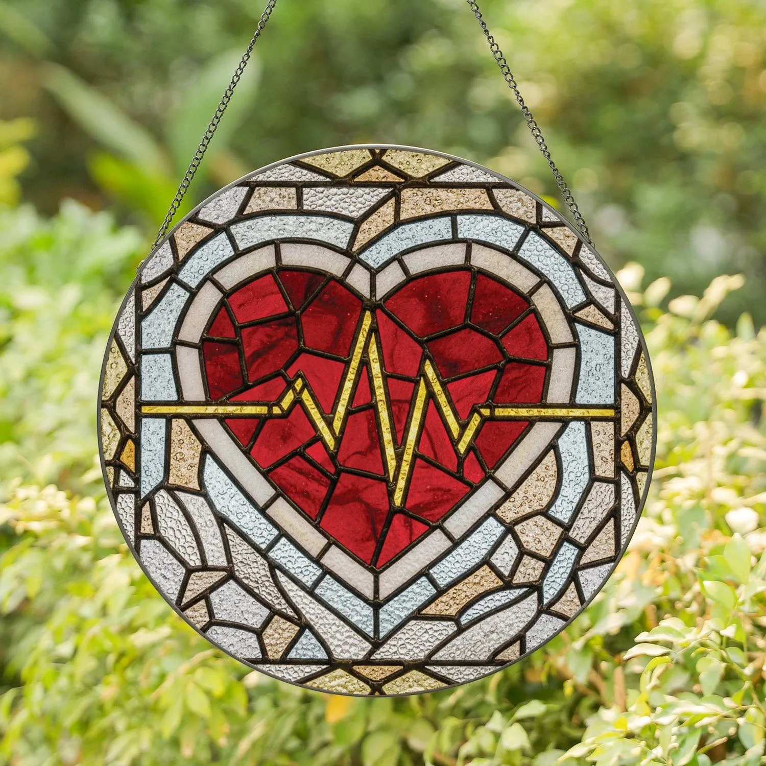 Mosaic Heart Golden ECG Heartbeat Line Red Glass Clear Border - Home Decor Gift Stained Glass Suncatcher - 1
