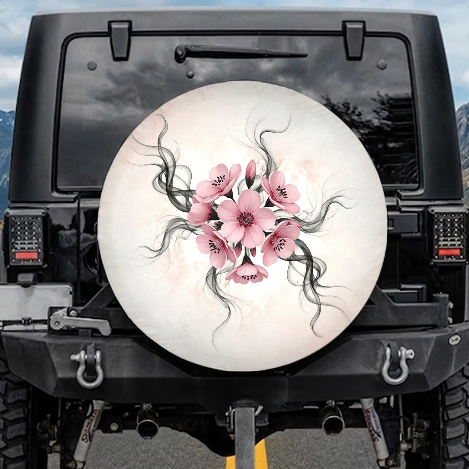 Soft Pink Four Petal Flowers with Black Stamens Dark Wispy Swirls - Floral Decor Gift Spare Tire Cover - 1