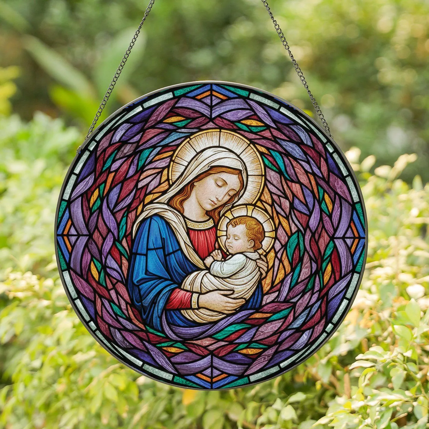 Virgin Mary Baby Jesus Stained Glass Art - Tiffany Style Luminous Jewel Tone Religious Gift Stained Glass Suncatcher - 1