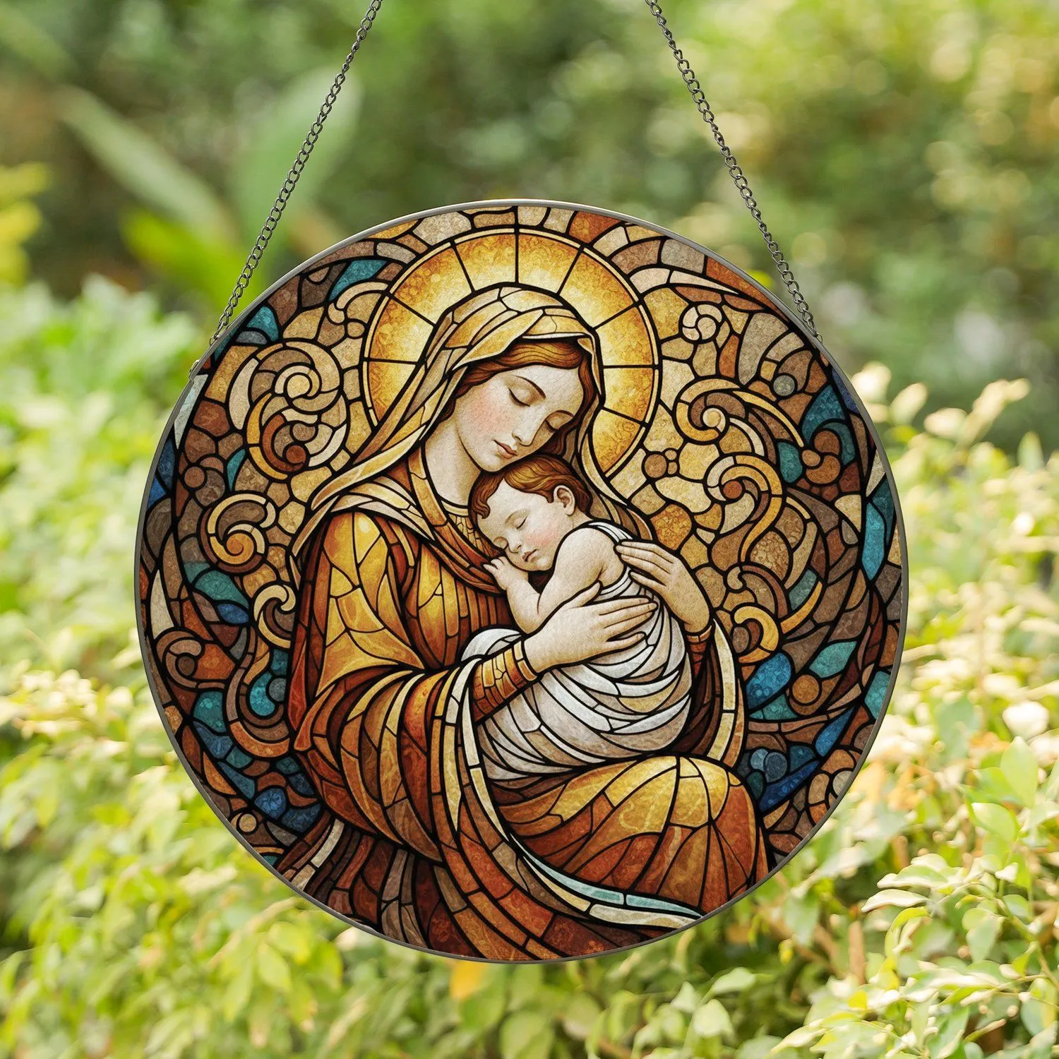 Madonna And Child Stained Glass Art With Golden Halo - Tiffany Style Intricate Mosaic Stained Glass Suncatcher - 1
