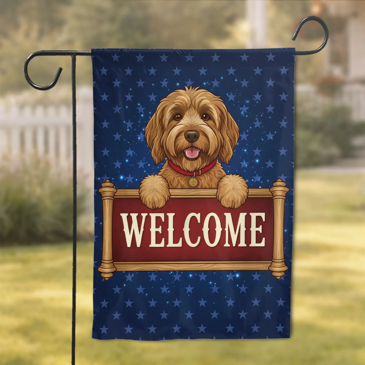 Apricot Goldendoodle Dog Welcome Sign Christmas Tree Home Decor Gift Garden Flag - 1
