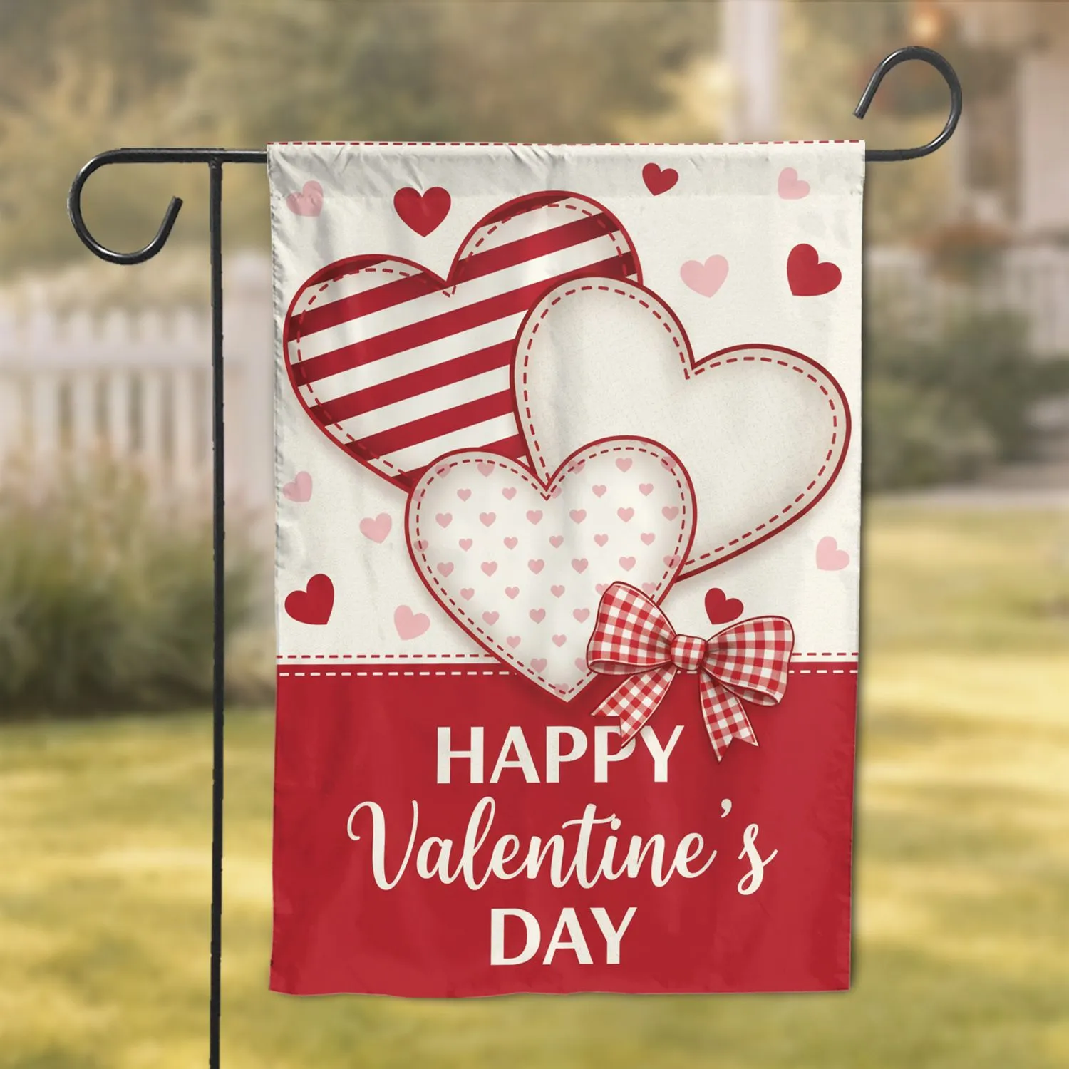 Crimson Red Pink Stitched Hearts Gingham Bow Valentine Text - Festive Home Decor Garden Flag - 1