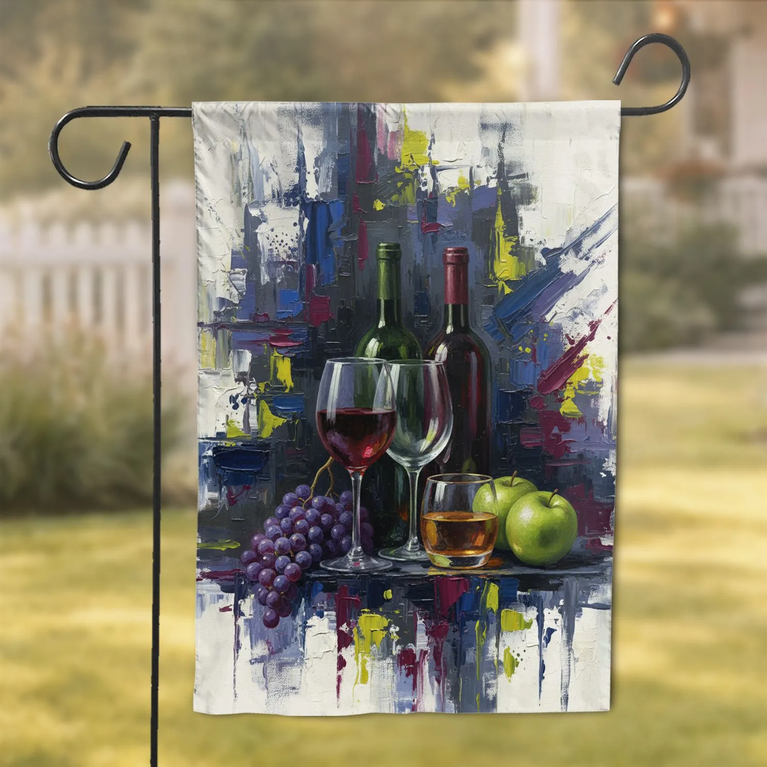 Red Wine Glass Grapes Green Apples Bottles Still Life - Wine Lover Home Decor Gift Garden Flag - 1