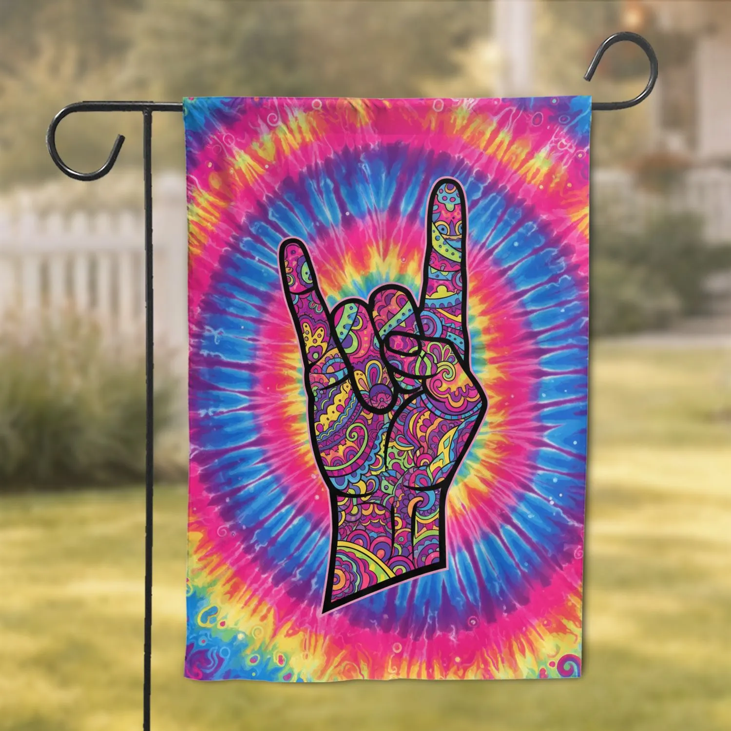 Rock On Hand Gesture Psychedelic Paisley Tie-Dye - Home Decor Gift Garden Flag - 1